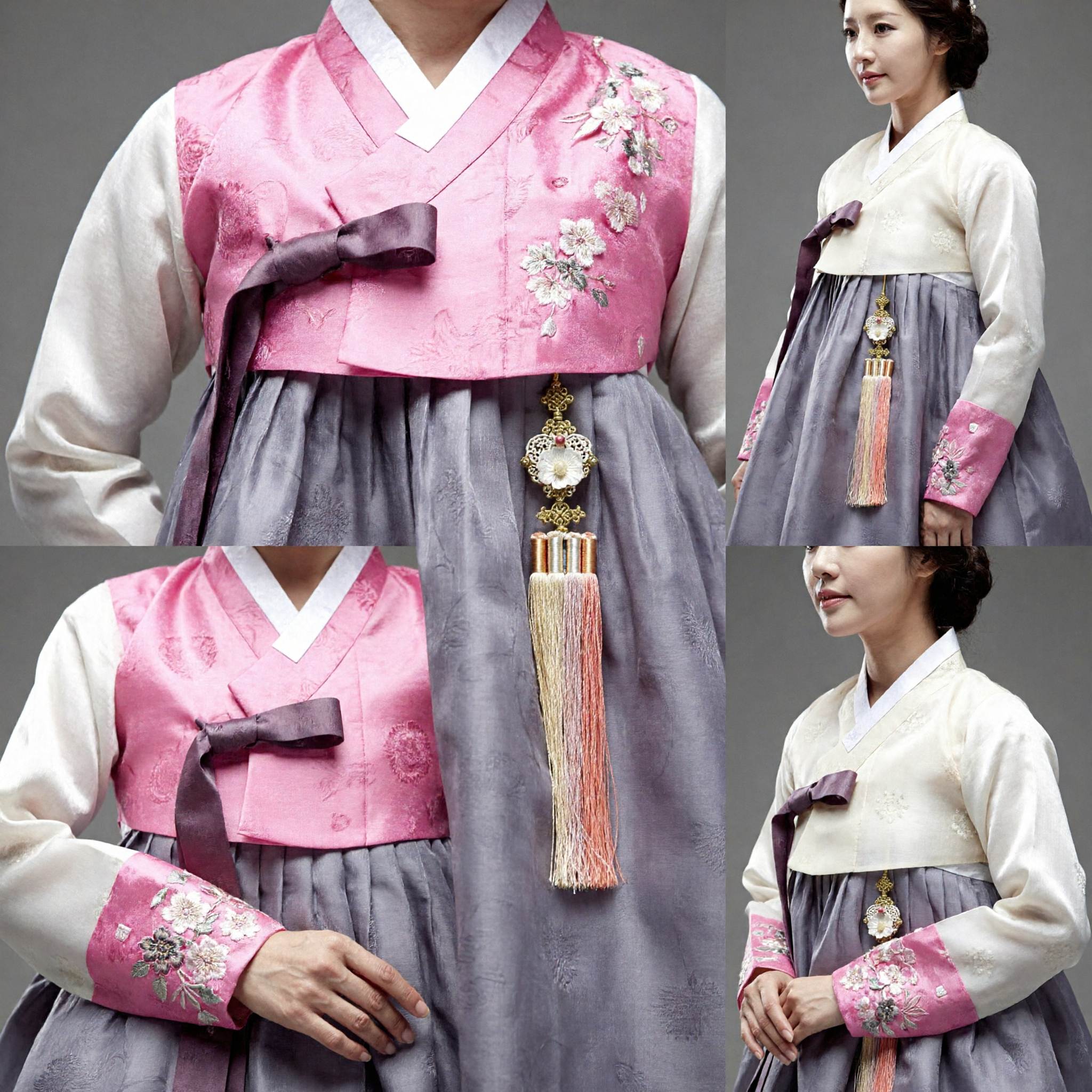 Elegant Traditional Korean Hanbok Dress for Women Pink Embroidered Top Grey Skirt Wedding Festival Costume - Asian Costume
