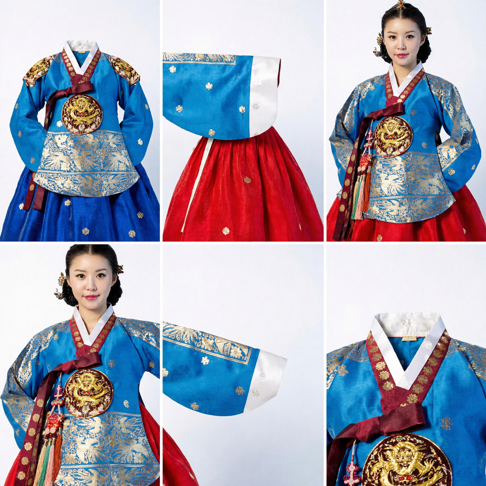 Women's Royal Blue Korean Hanbok Traditional Dress with Gold Phoenix Embroidery for Palace Wedding Ceremony - Asian Costume