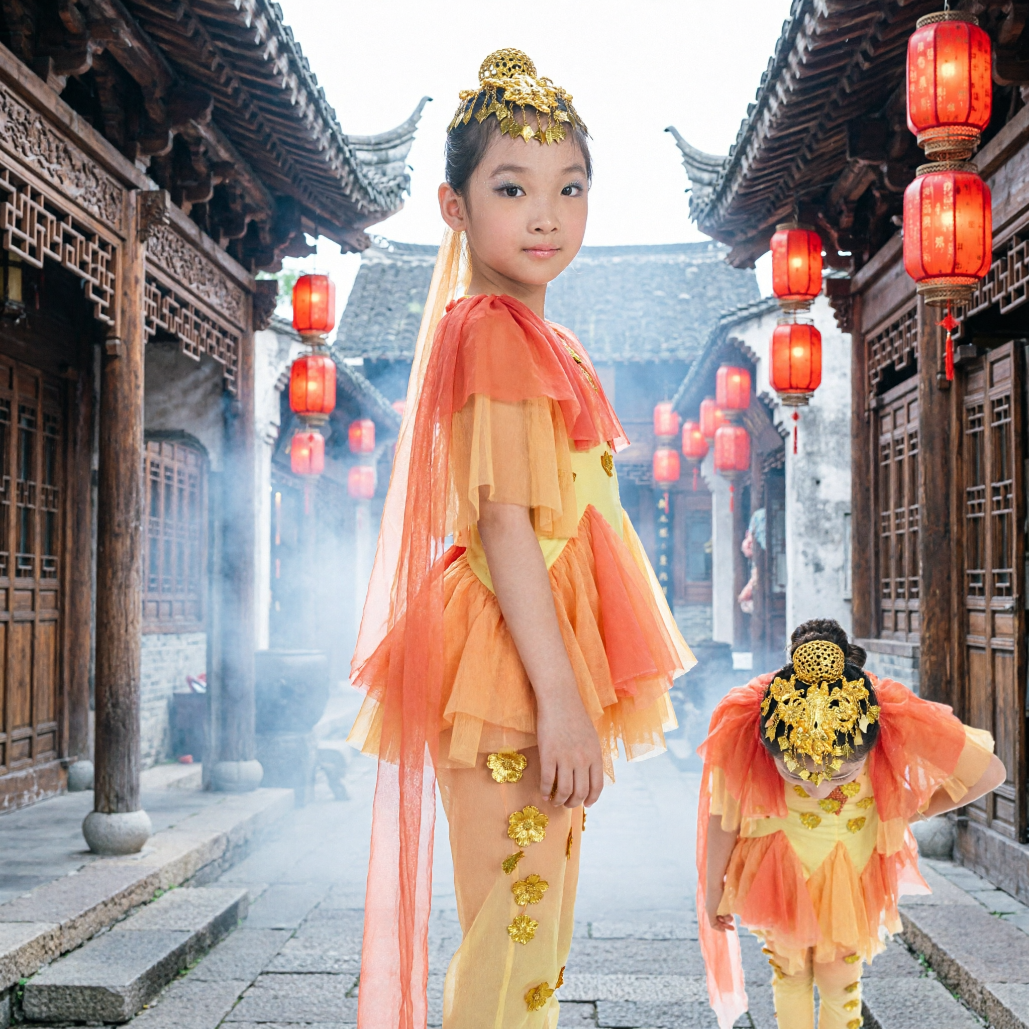 Children Yellow Sunflower Dance Costume Girls Traditional Chinese Folk Stage Performance Dress with Golden Headpiece - Asian Costume