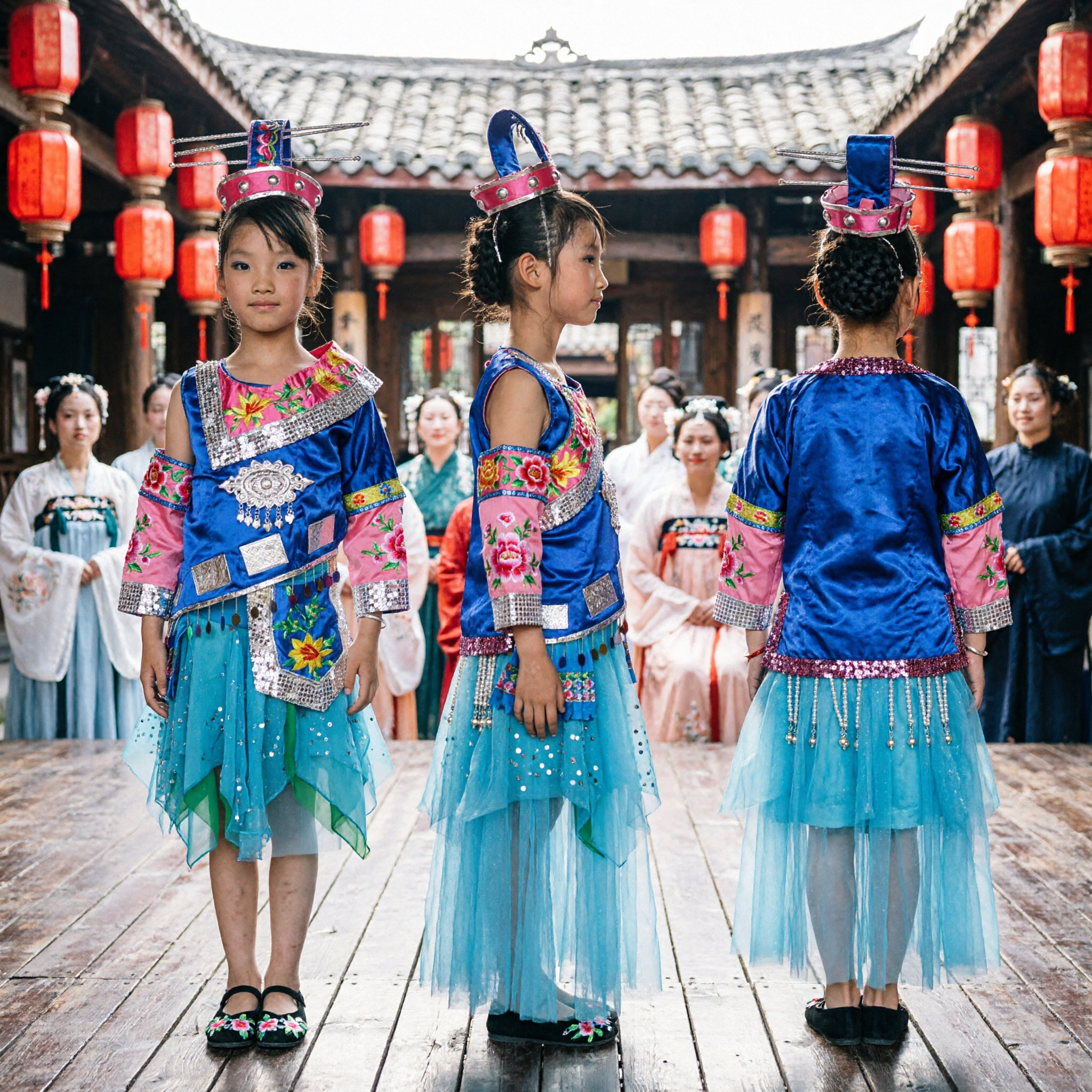 Girls Traditional Chinese Folk Dance Costume Blue Miao Minority Dress with Headpiece for Stage Performance - Asian Costume