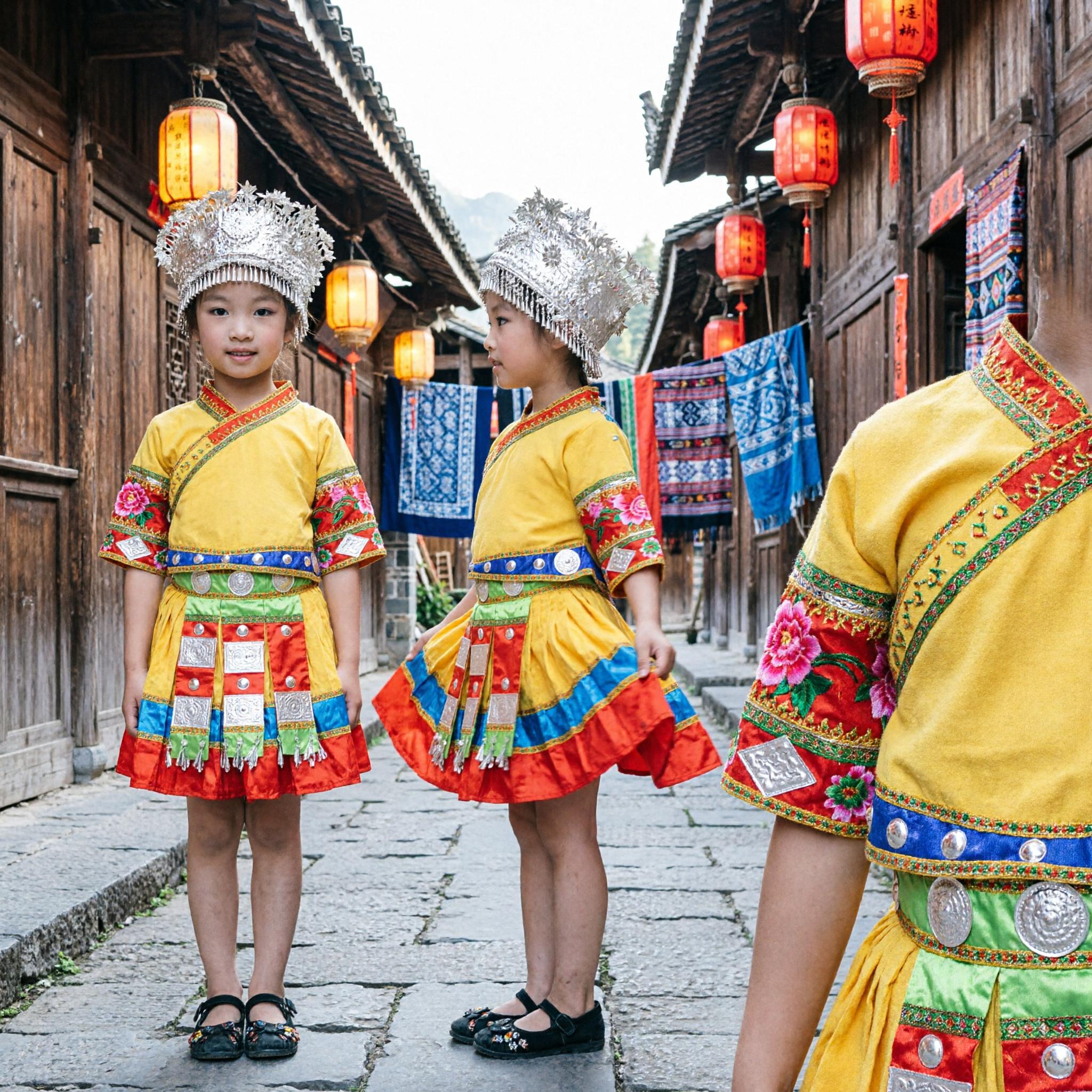 Traditional Chinese Miao Ethnic Dance Costume for Girls Yellow Dress Silver Headdress Kids Stage Performance Outfit - Asian Costume