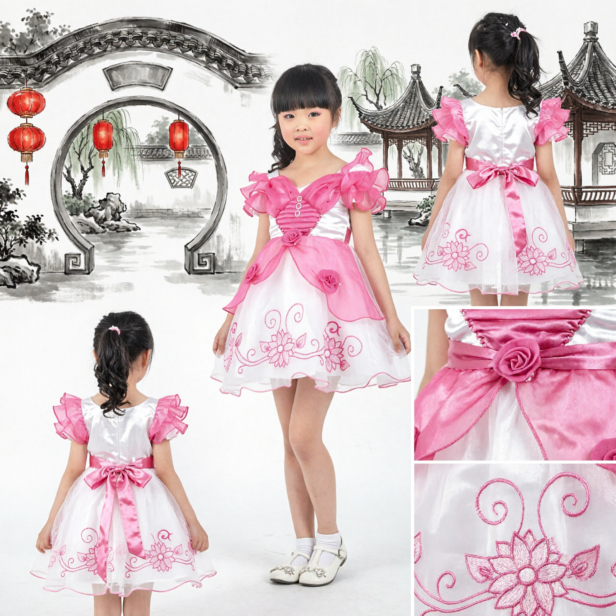 Traditional Chinese Children Fan Dance Costume Pink Lotus Dress Girls Performance Stage Wear Outfit - Asian Costume