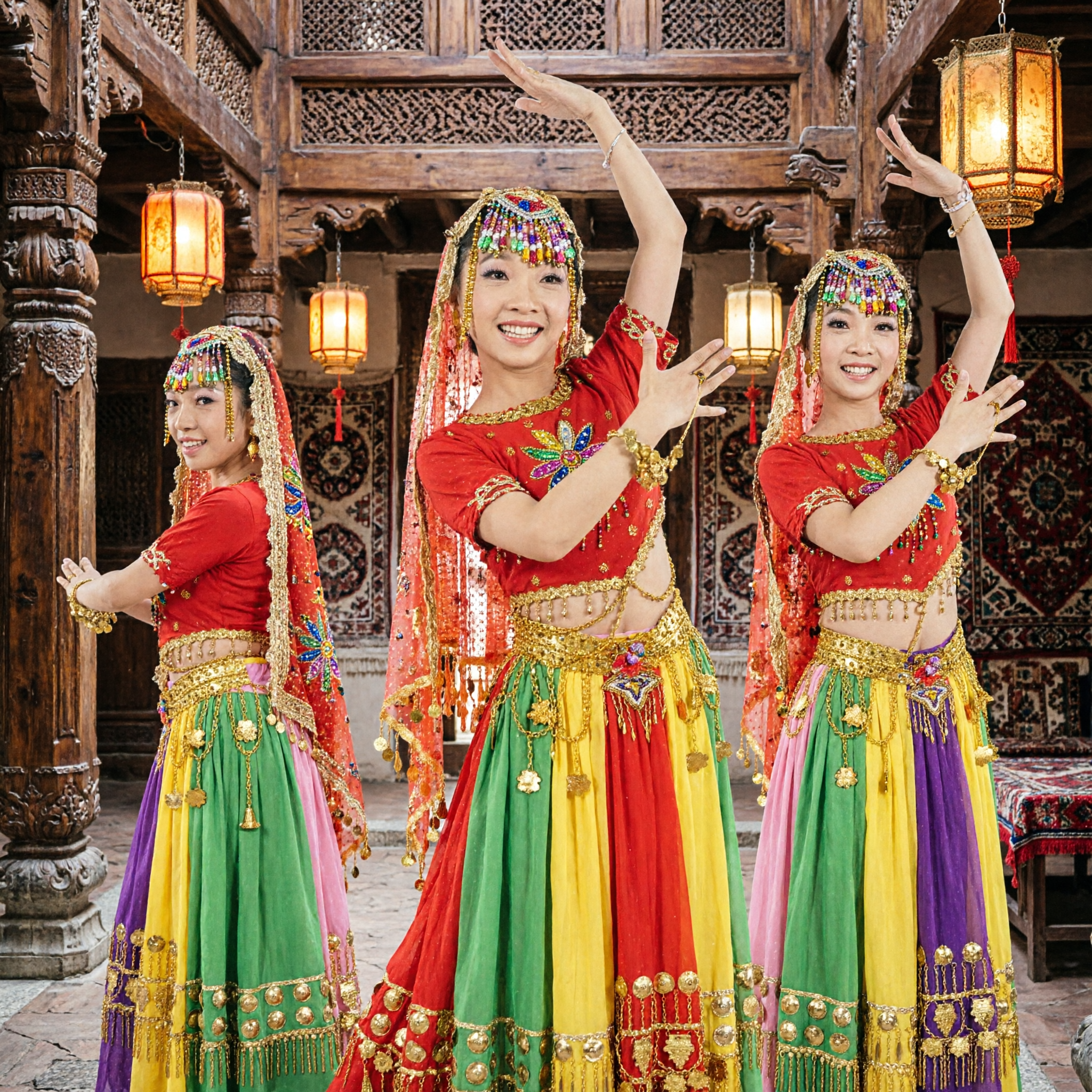 Women's Indian Folk Dance Costume Red Embroidered Top and Multi-Color Skirt with Gold Coin Jewelry Set - Asian Costume