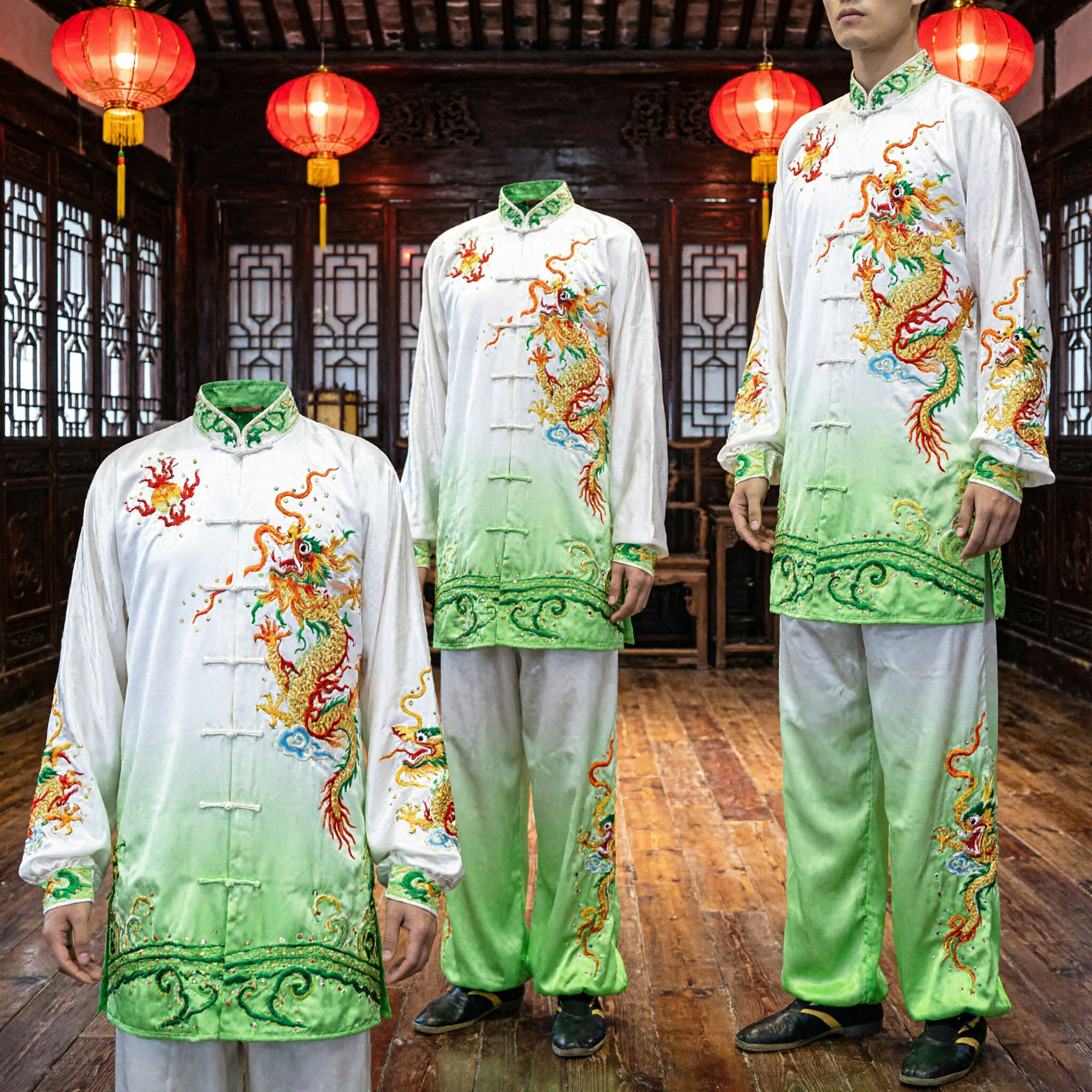 Men's Silk Wushu Uniform Kung Fu Suit with Dragon Embroidery for Tai Chi Competition and Performance - Asian Costume