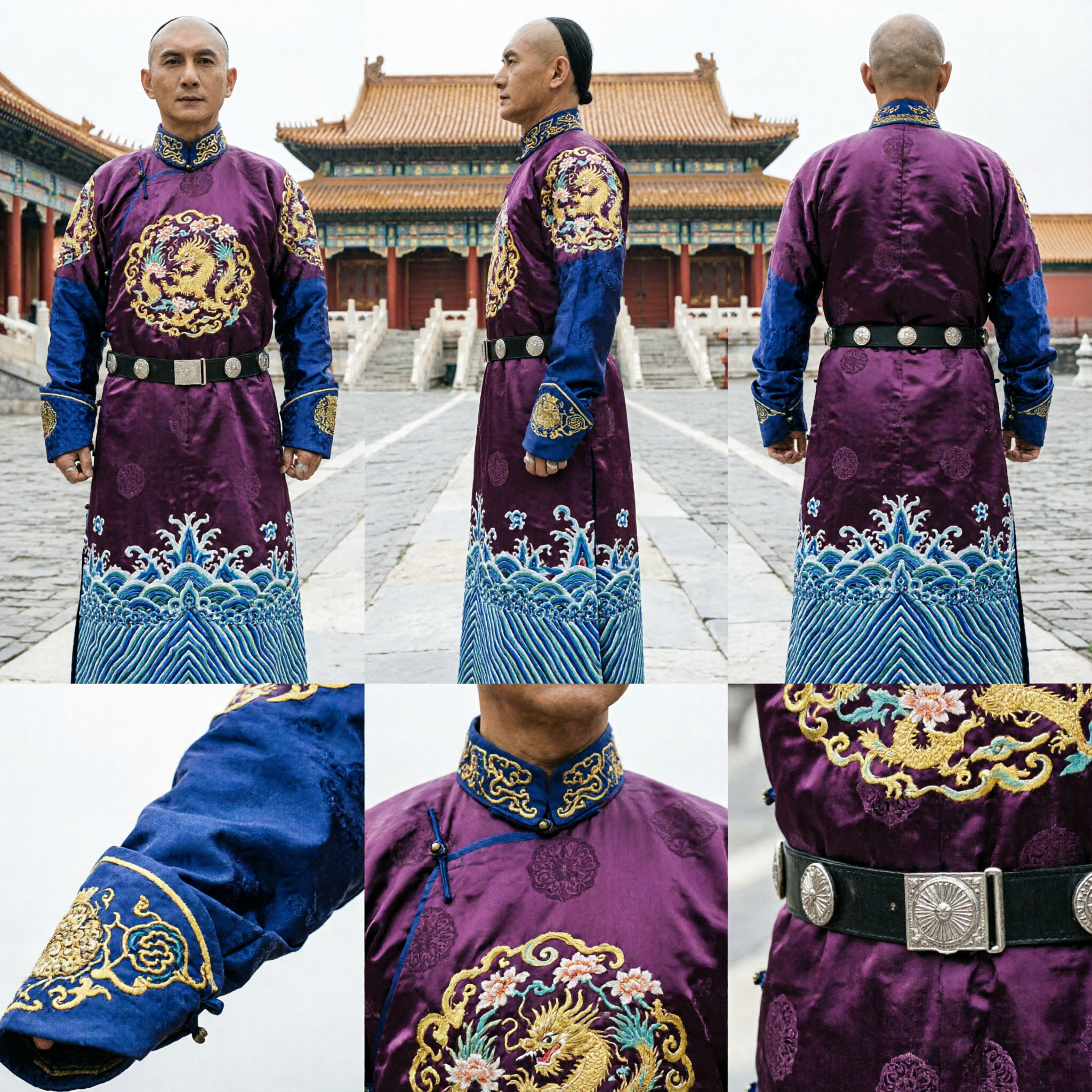 Men's Traditional Chinese Qing Dynasty Manchu Prince Purple Riding Robe Historical Costume for Cosplay and Drama - Asian Costume
