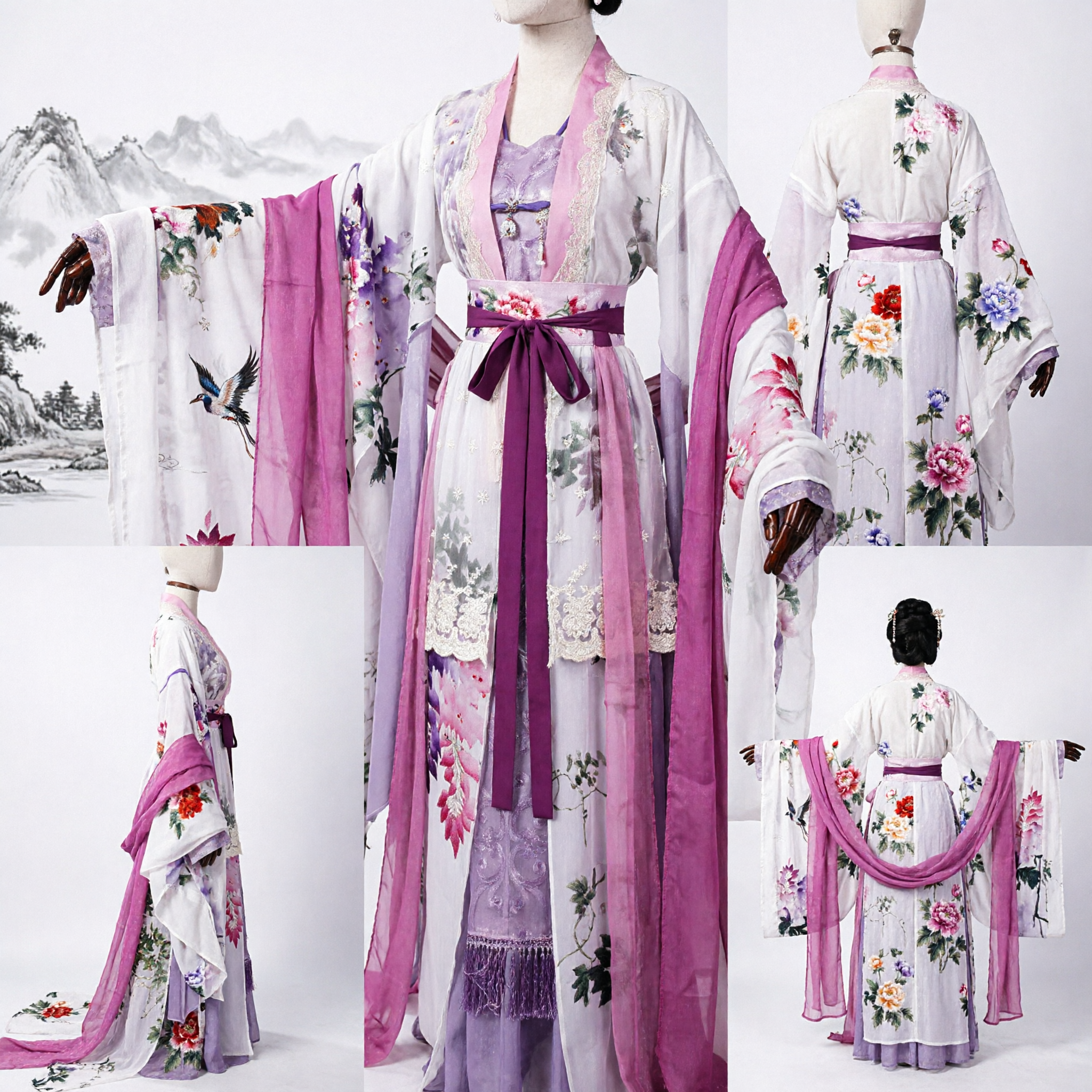 Traditional Chinese Hanfu Tang Dynasty Fairy Dress Pink Purple Floral Cosplay Costume for Women - Asian Costume
