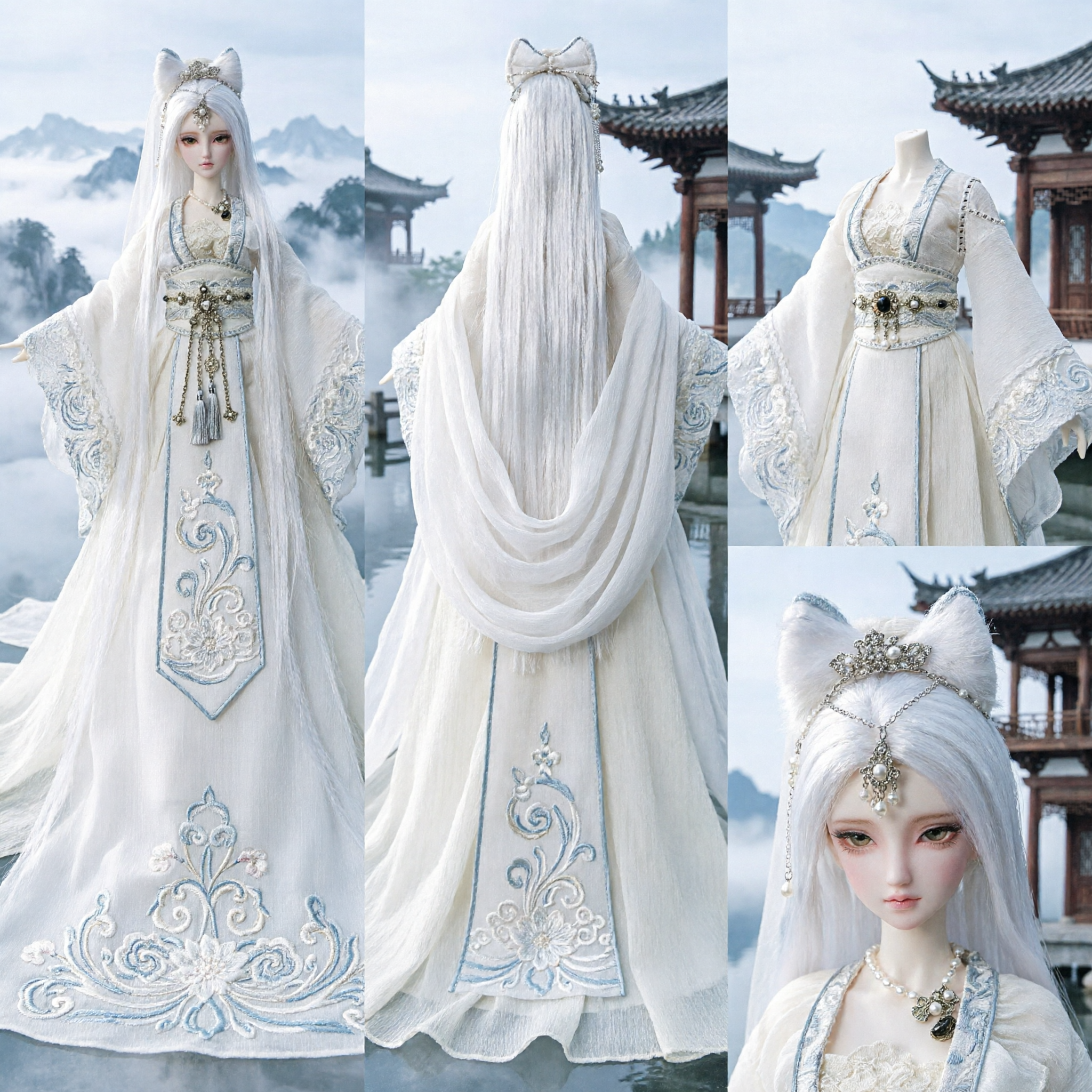 Elegant White Fox Spirit Hanfu Costume for BJD Doll Traditional Chinese Ancient Fantasy Dress for Display - Asian Costume