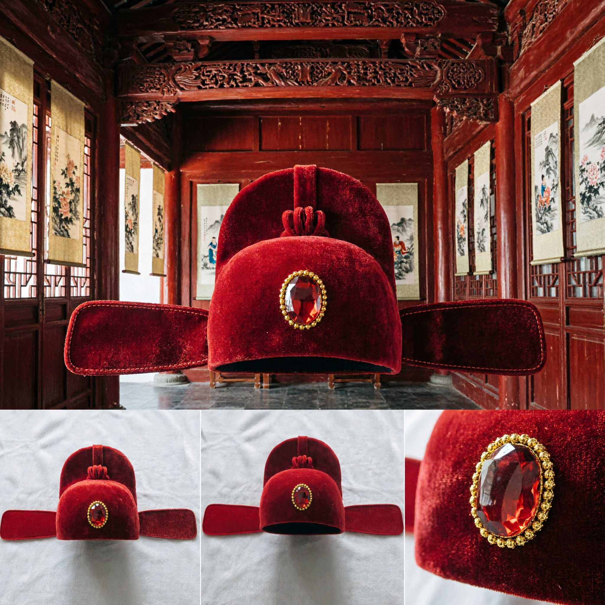 Traditional Chinese Ming Dynasty Official Hat Red Velvet Wushamao Costume Accessory for Men Wedding Hanfu - Asian Costume
