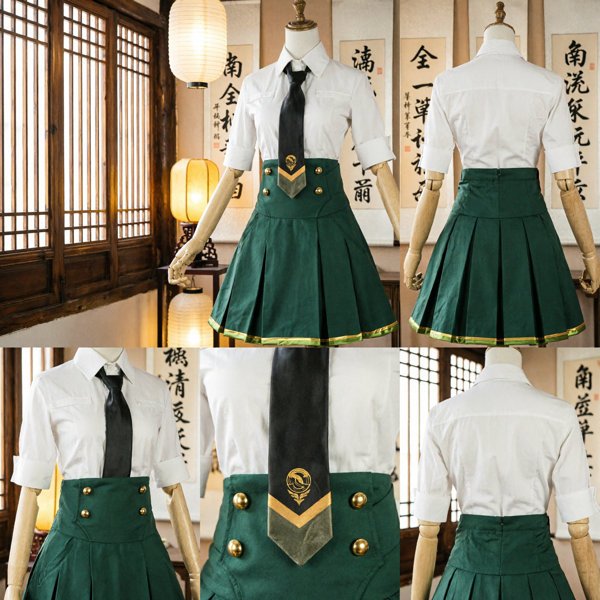 Green Military School Uniform Cosplay Costume with White Shirt and Tie for Women Girls Anime Convention - Asian Costume