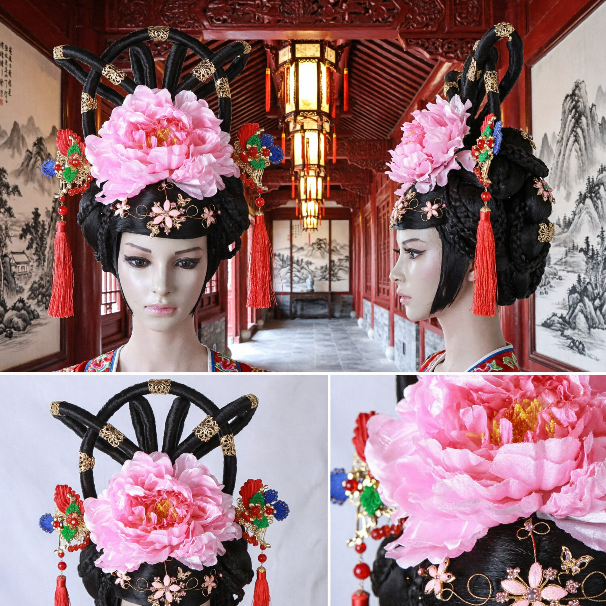 Ancient Chinese Tang Dynasty Princess Wig Headdress with Large Pink Peony for Hanfu Cosplay and Stage Performance - Asian Costume