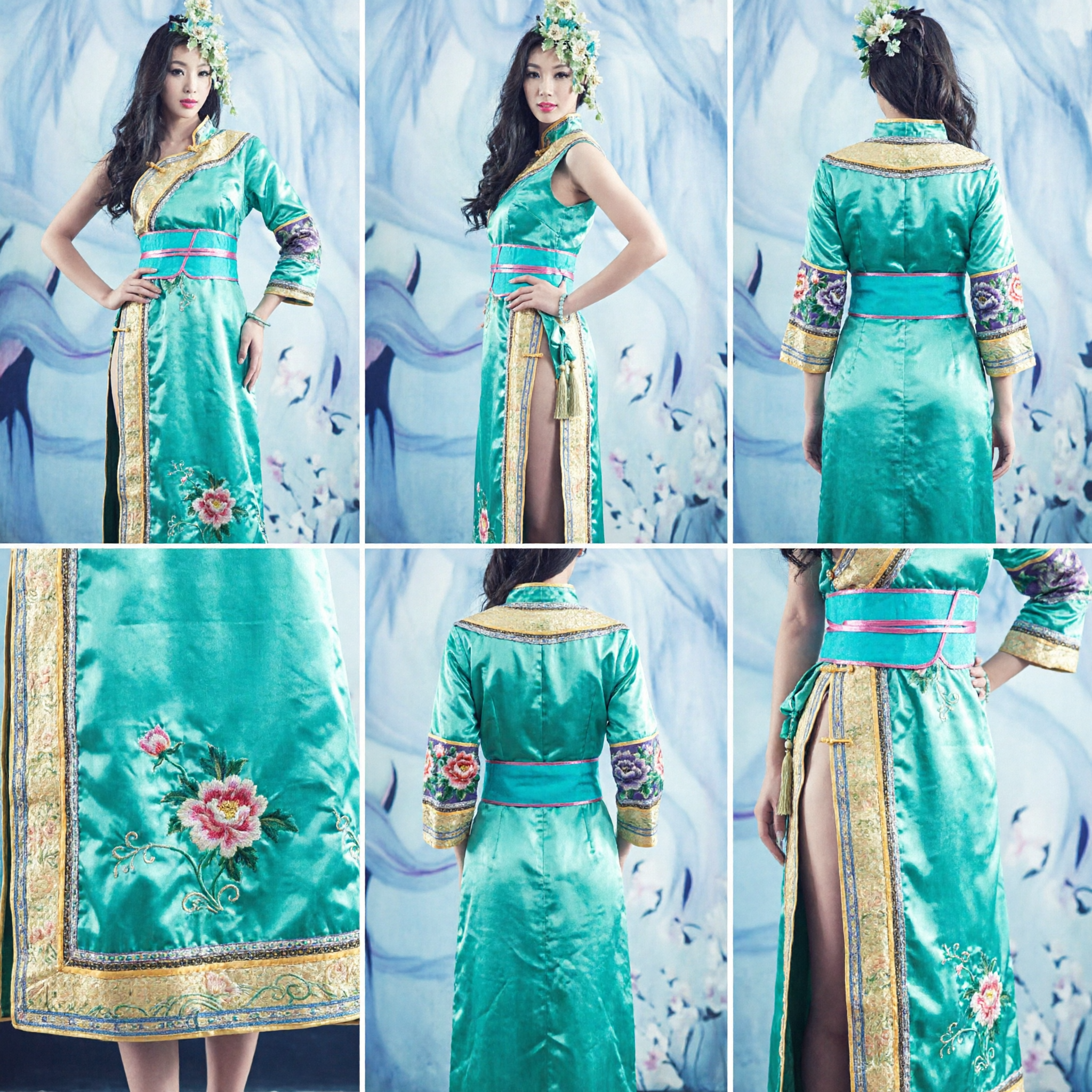 Elegant Teal Green Chinese Ethnic Dance Costume Women Traditional Stage Performance Dress with Gold Trim - Asian Costume