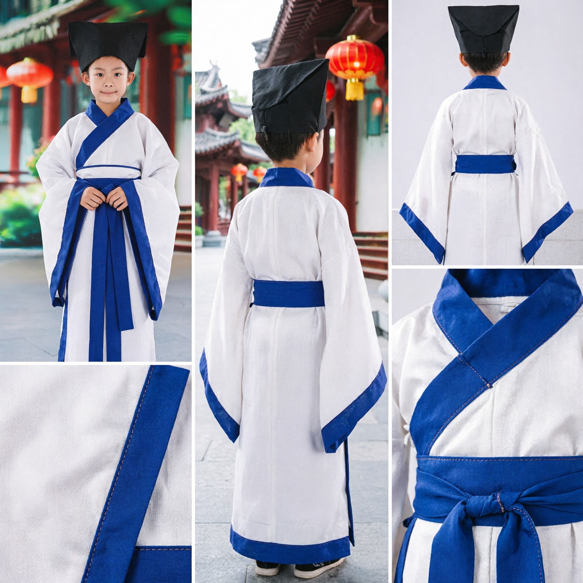 Kids Chinese Traditional Hanfu Costume Boys Ancient Scholar Student Clothing Blue and White Performance Wear - Asian Costume