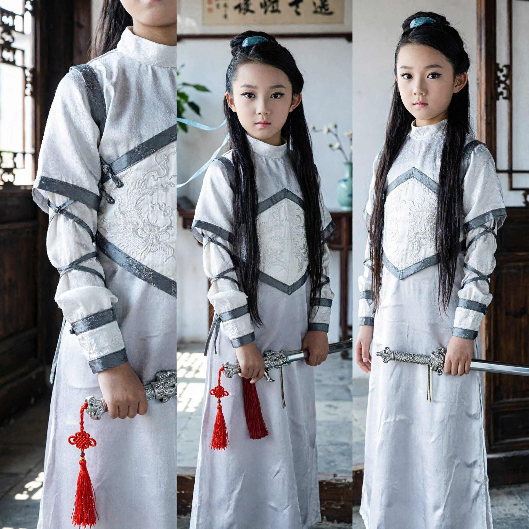 Ancient Chinese Swordsman Costume for Kids Girl Traditional Martial Arts Hanfu Dress White Grey Outfit - Asian Costume