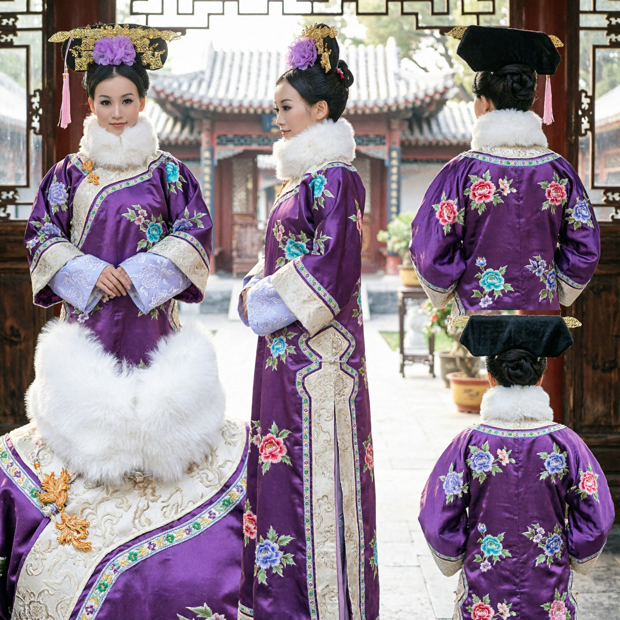 Traditional Chinese Qing Dynasty Manchu Princess Costume Purple Embroidered Robe with Fur Collar and Gold Headpiece - Asian Costume