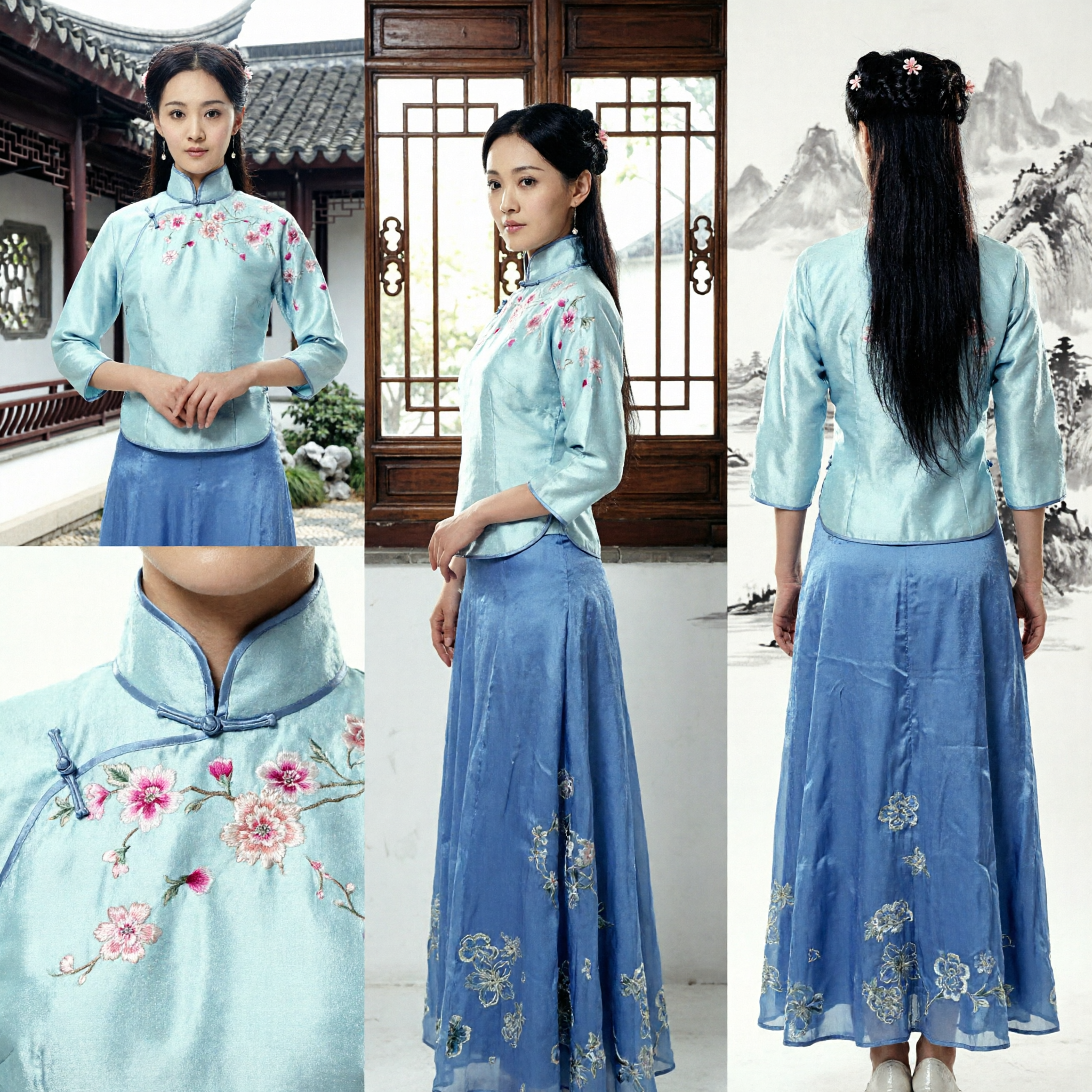 Traditional Chinese Republic of China Style Blue Silk Embroidered Blouse and Skirt Set for Women Cultural Performance - Asian Costume