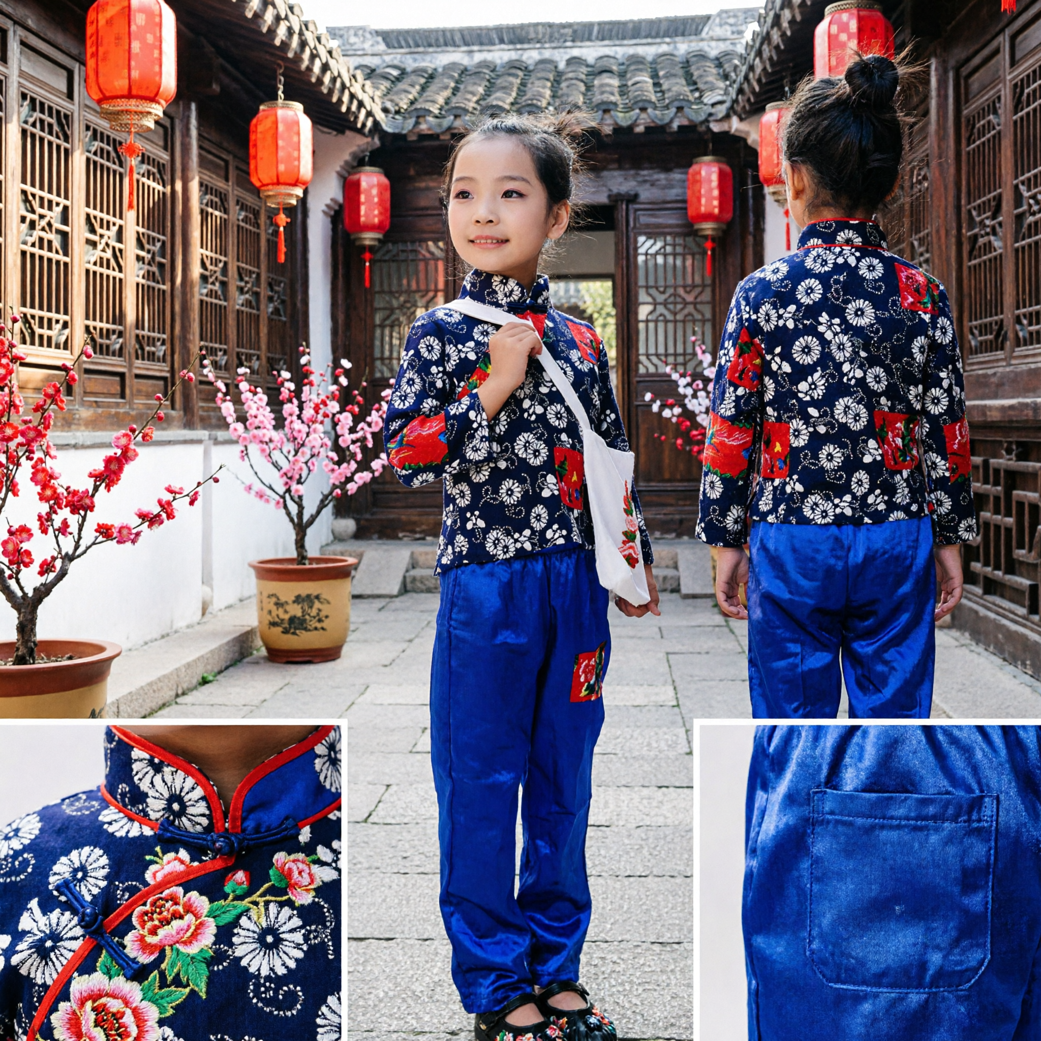 Kids Chinese Traditional Folk Costume Floral Cotton Jacket and Blue Pants Set for Girls Lunar New Year - Asian Costume