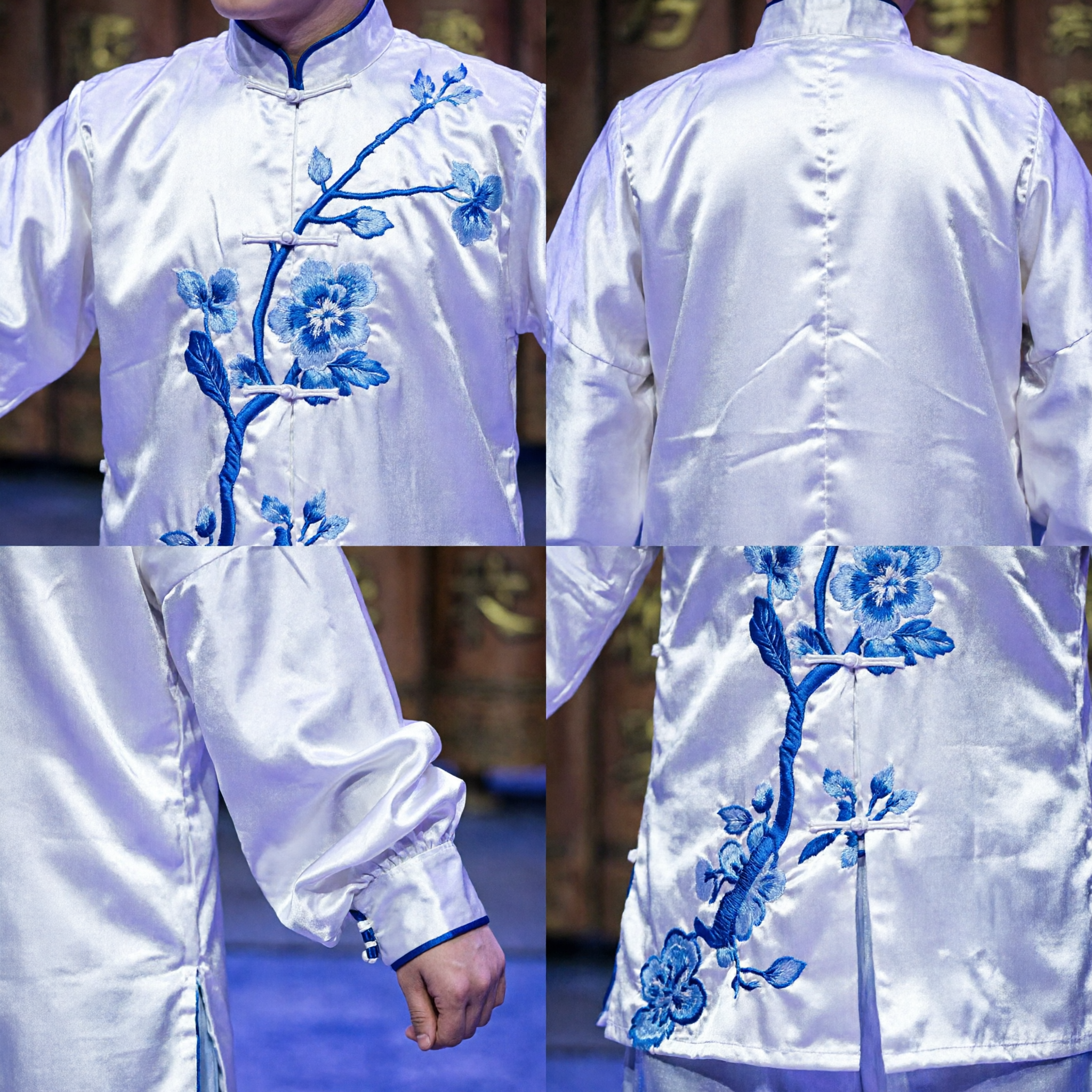 Men's White Bamboo Print Kung Fu Uniform Traditional Chinese Martial Arts Wushu Costume for Stage Performance - Asian Costume