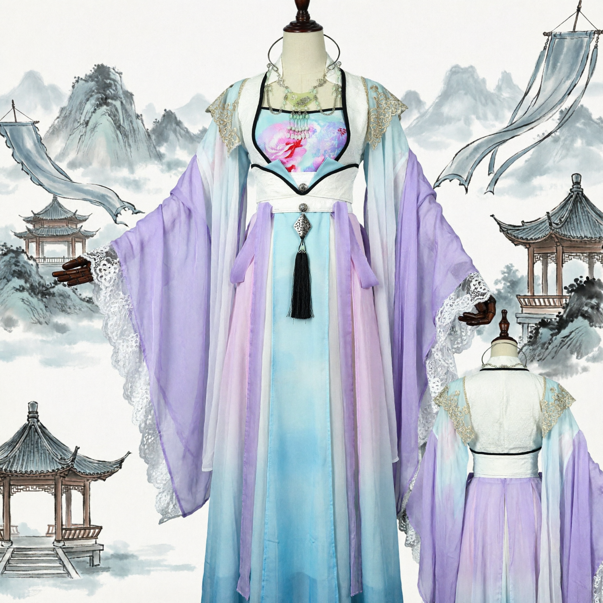 Traditional Chinese Hanfu Costume Women Ancient Tang Dynasty Ruqun Dress for Cosplay Photography Festival Pastel Floral - Asian Costume