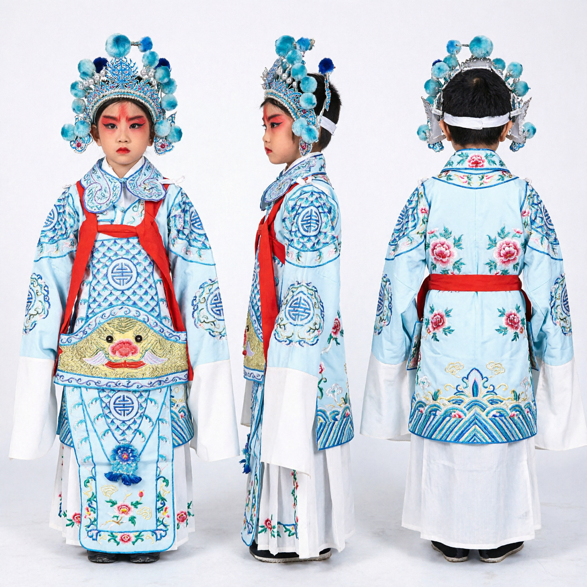 Kids Chinese Beijing Opera Wusheng General Costume Blue Embroidered Armor Suit for Stage Performance - Asian Costume