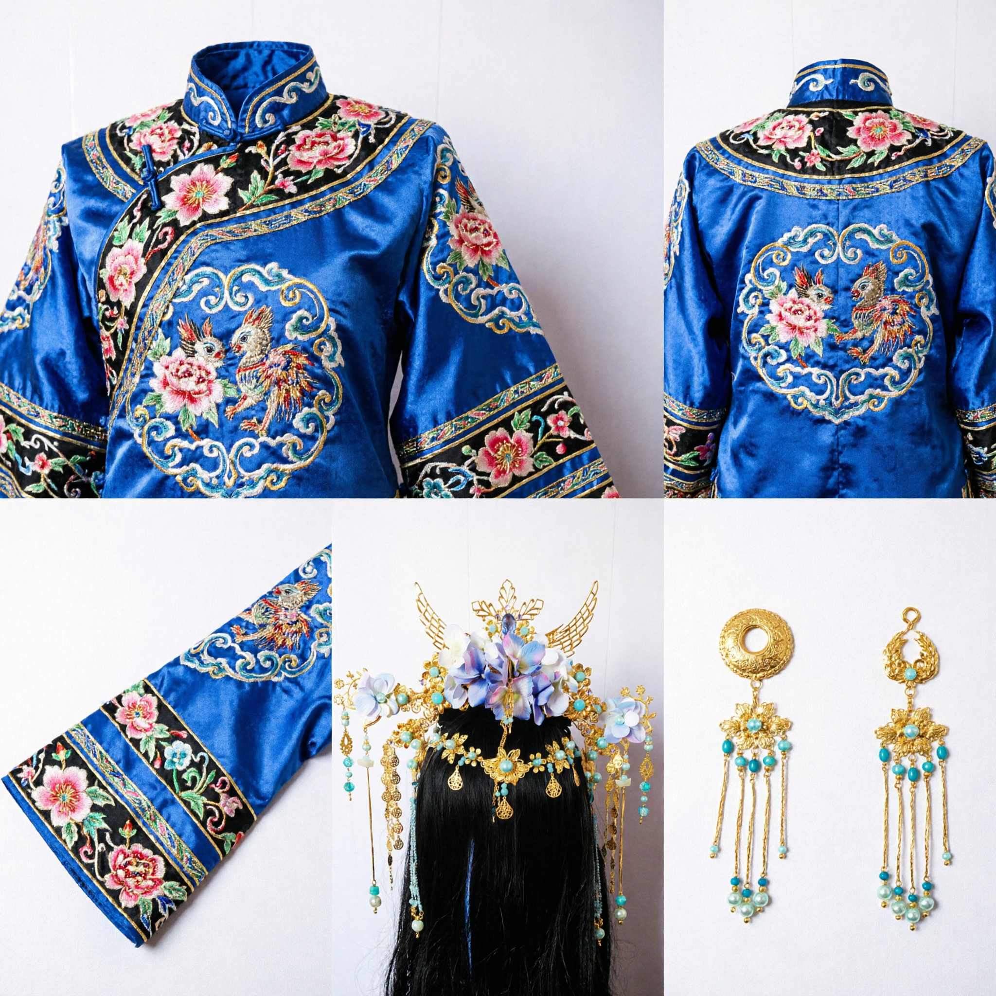 Traditional Chinese Ancient Princess Phoenix Crown Blue Floral Gold Hair Accessories for Hanfu Wedding Costume - Asian Costume