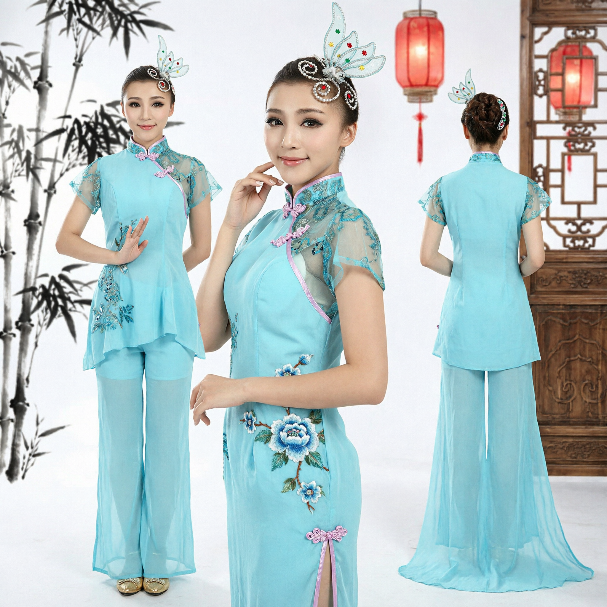 Elegant Blue Chinese Yangge Dance Costume Traditional Folk Performance Outfit for Women with Butterfly Headpiece - Asian Costume