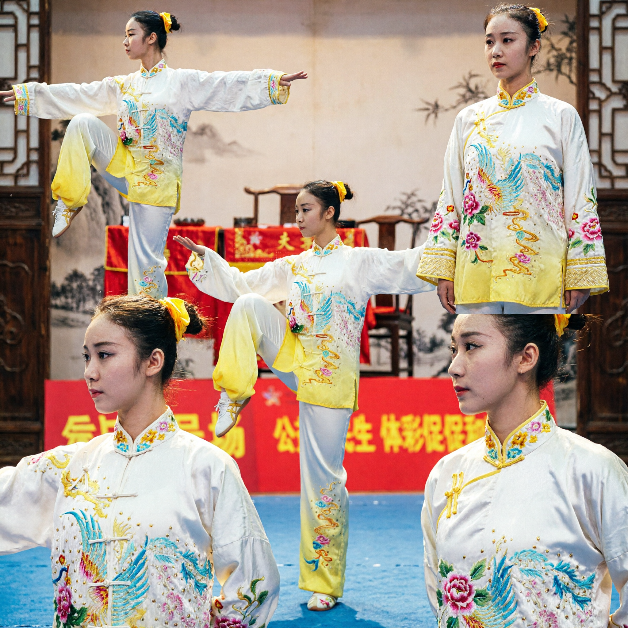 Women's Traditional Chinese Wushu Uniform White and Yellow Tai Chi Kung Fu Suit with Phoenix Embroidery for Competition - Asian Costume