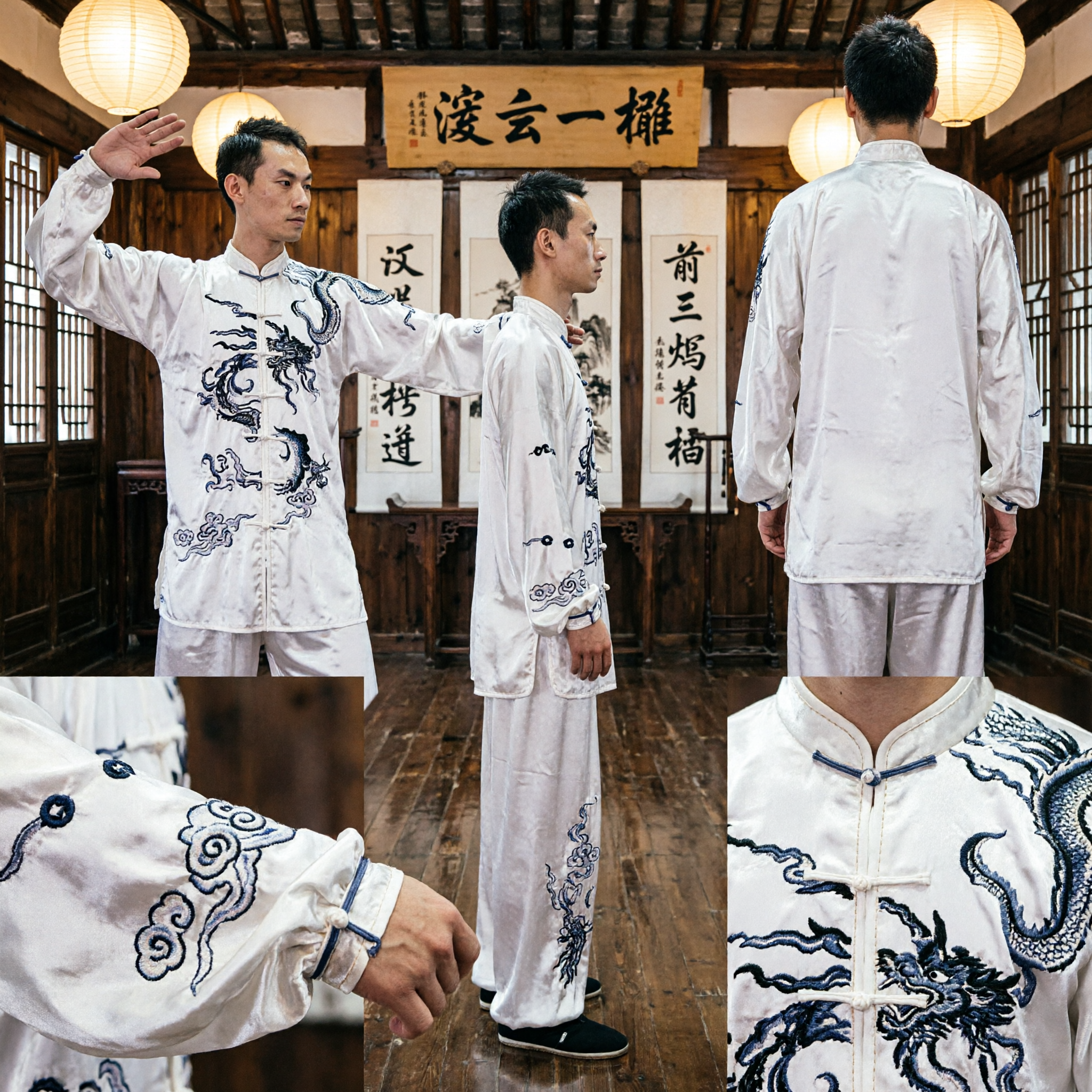 Men's White Tai Chi Uniform with Dragon Embroidery Traditional Kung Fu Wushu Martial Arts Costume for Competition - Asian Costume