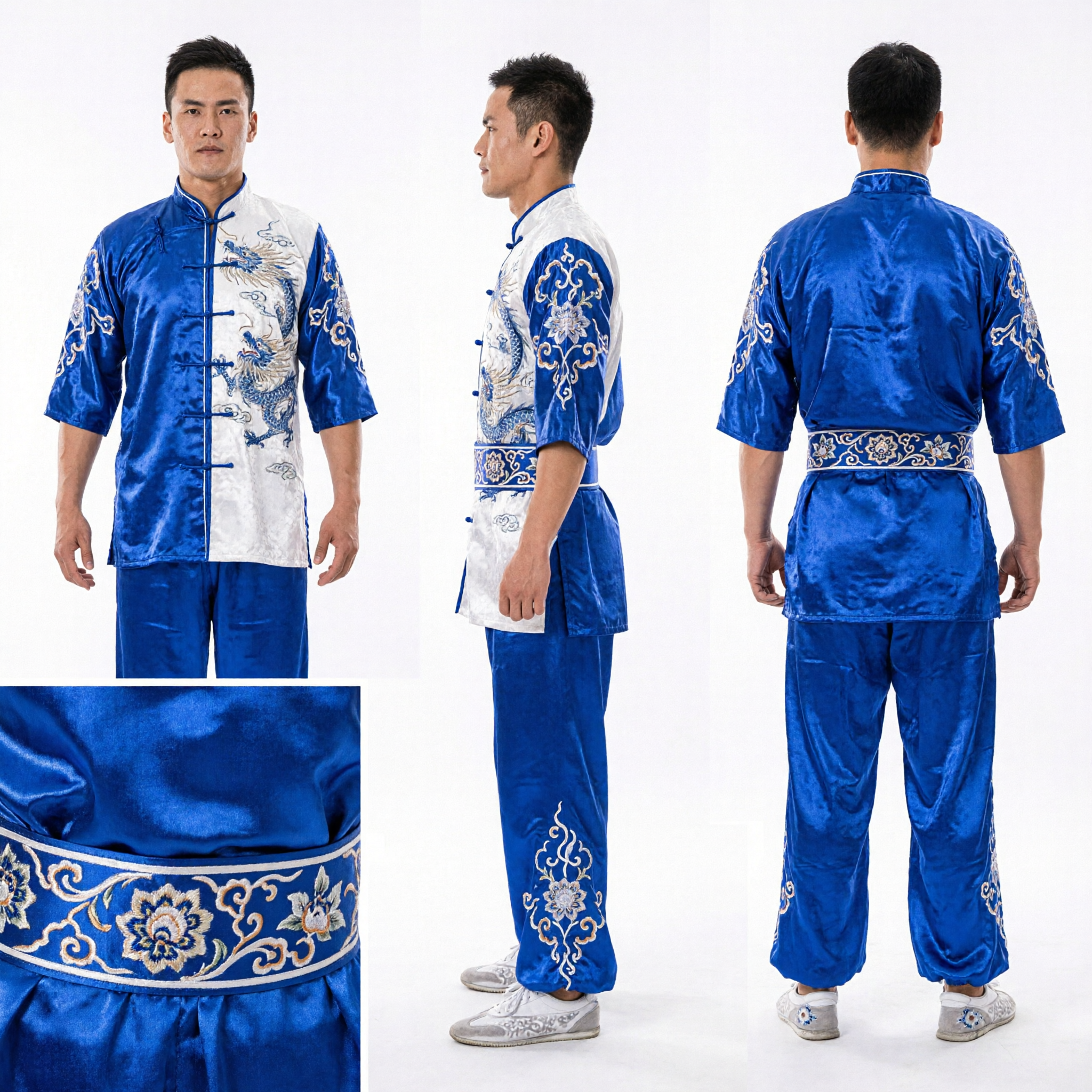 Men's Blue Embroidered Wushu Kung Fu Uniform Traditional Chinese Martial Arts Performance Costume Set - Asian Costume