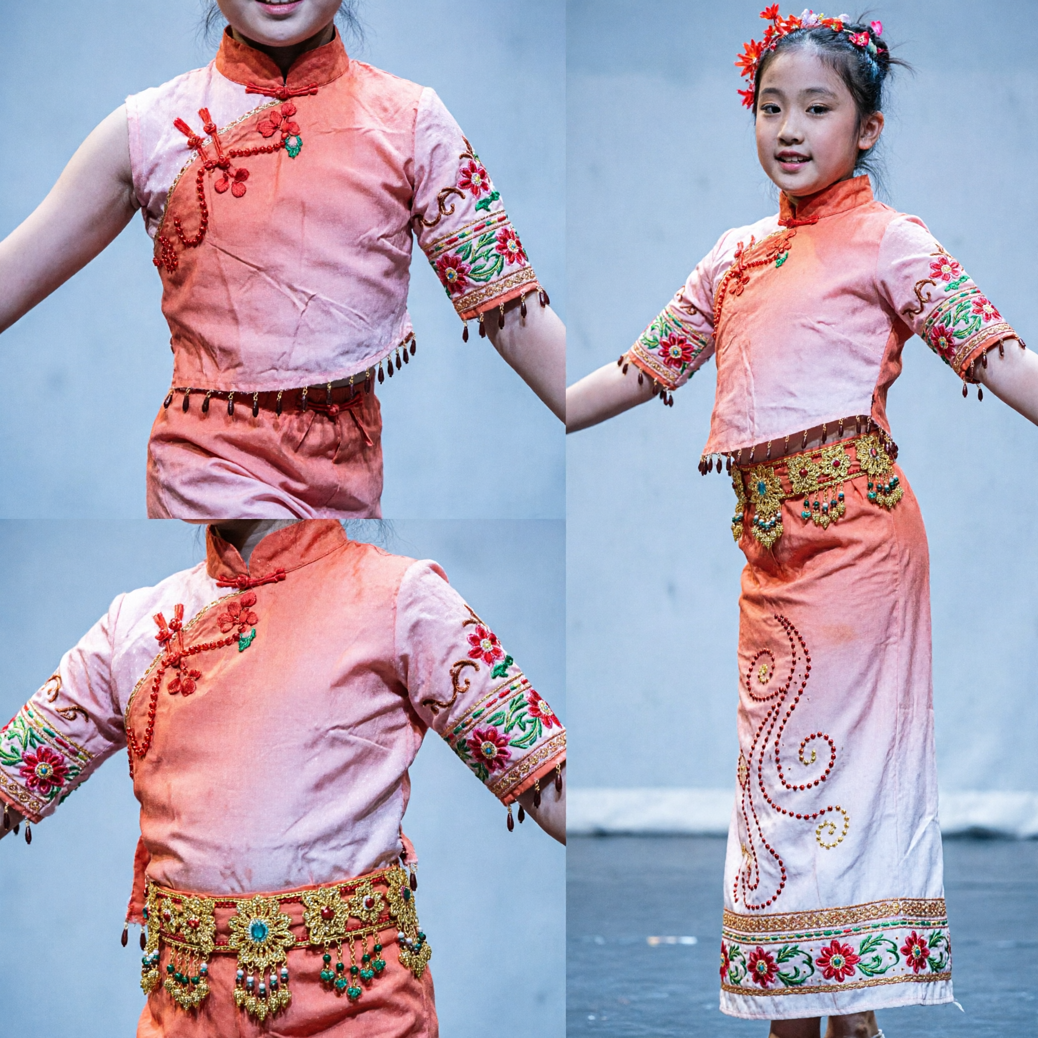 Girls Pink Chinese Traditional Dance Costume Kids Folk Yangge Fan Dance Stage Performance Outfit with Headpiece - Asian Costume