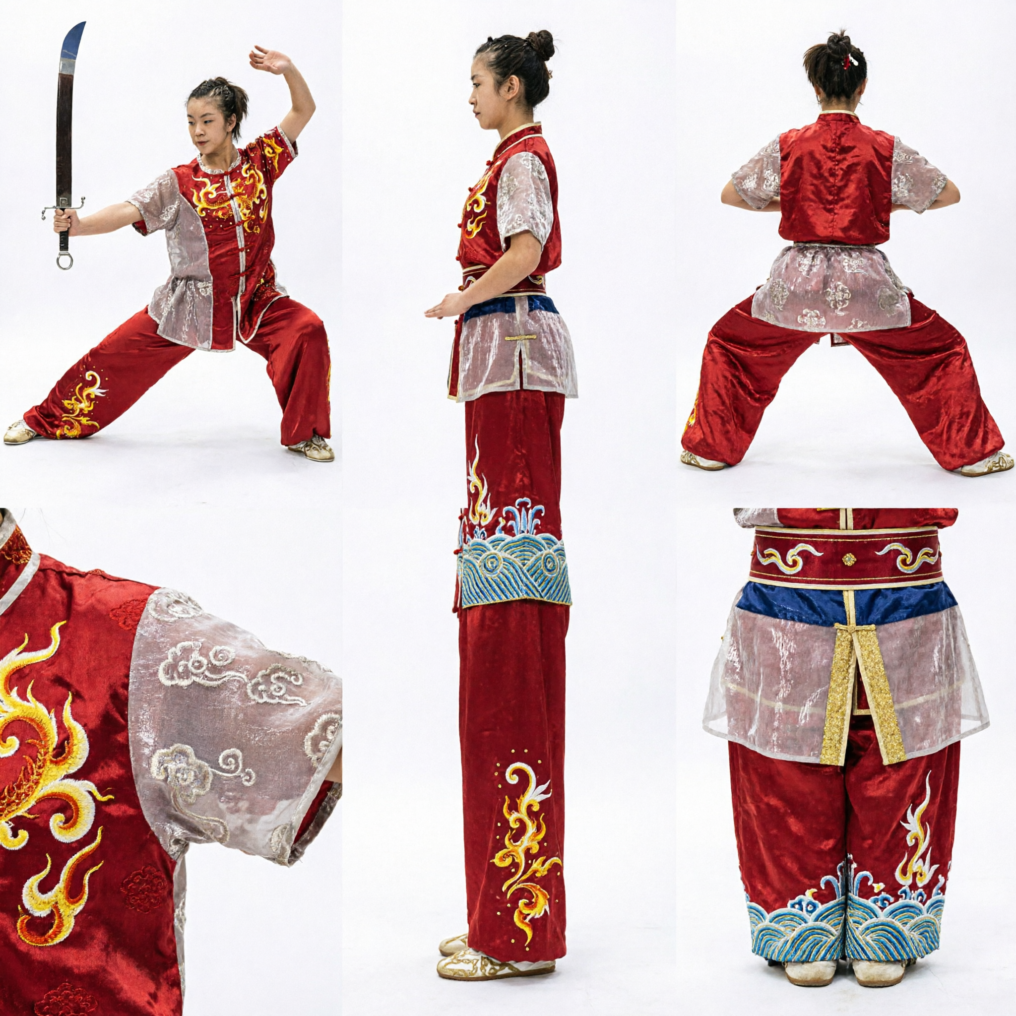 Red Dragon Embroidery Chinese Wushu Uniform Kids Martial Arts Kung Fu Competition Costume for Girls - Asian Costume