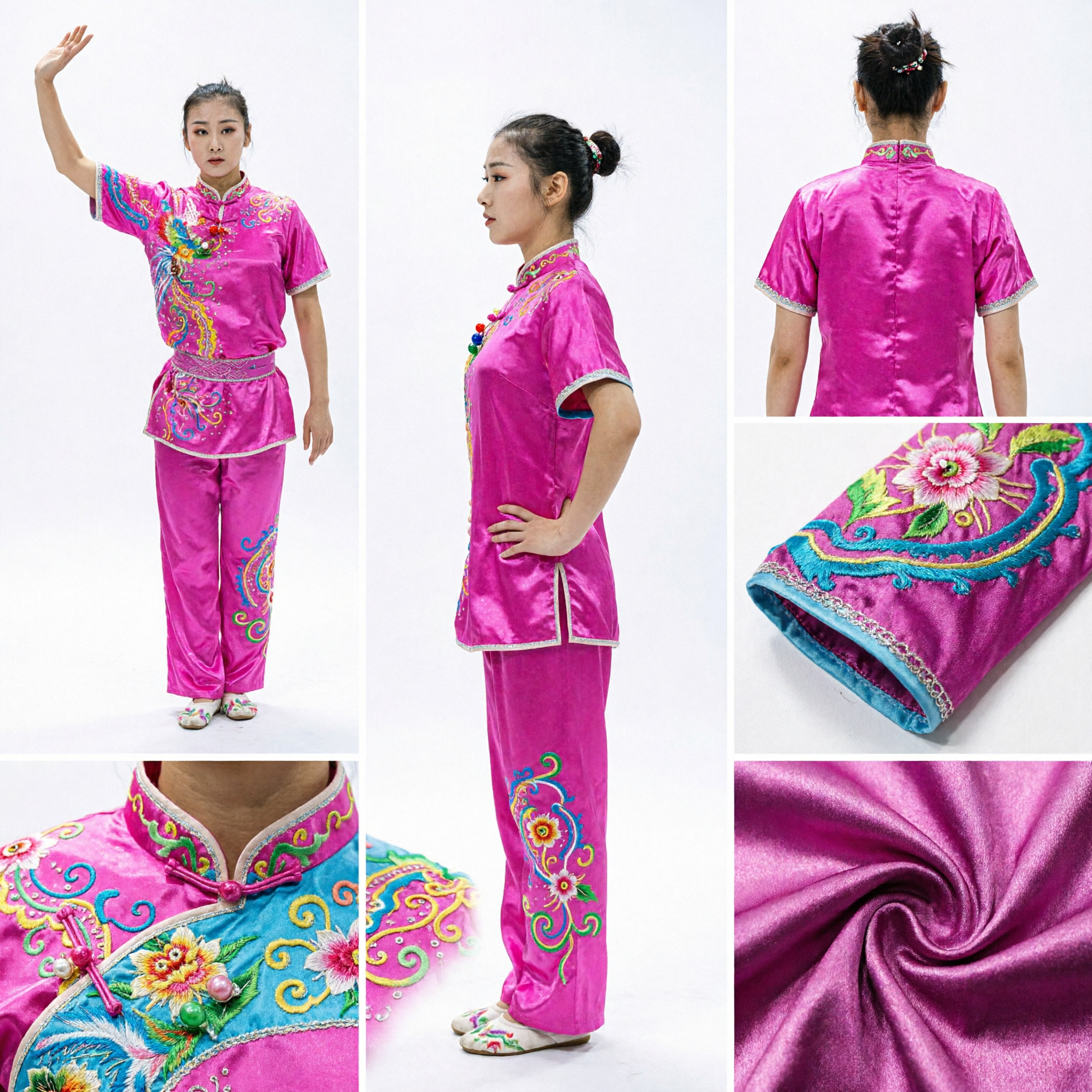 Women's Pink Satin Wushu Uniform Traditional Chinese Kung Fu Competition Suit with Dragon Embroidery - Asian Costume