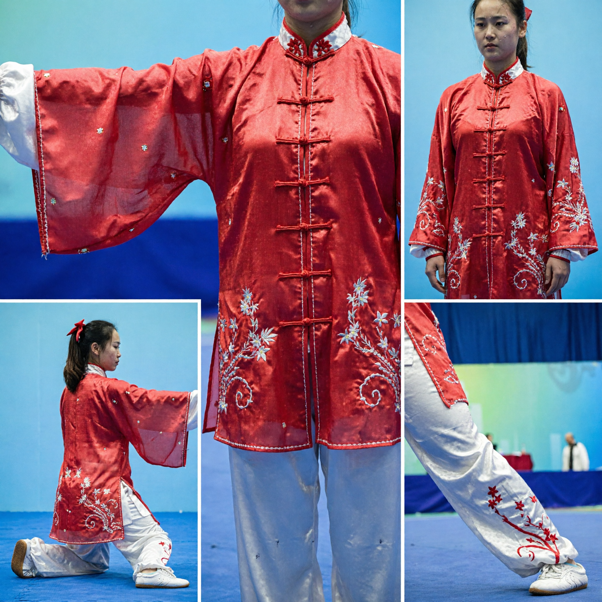 Professional Wushu Changquan Uniform Set Red Silk Top White Pants Embroidery Martial Arts Costume for Women - Asian Costume