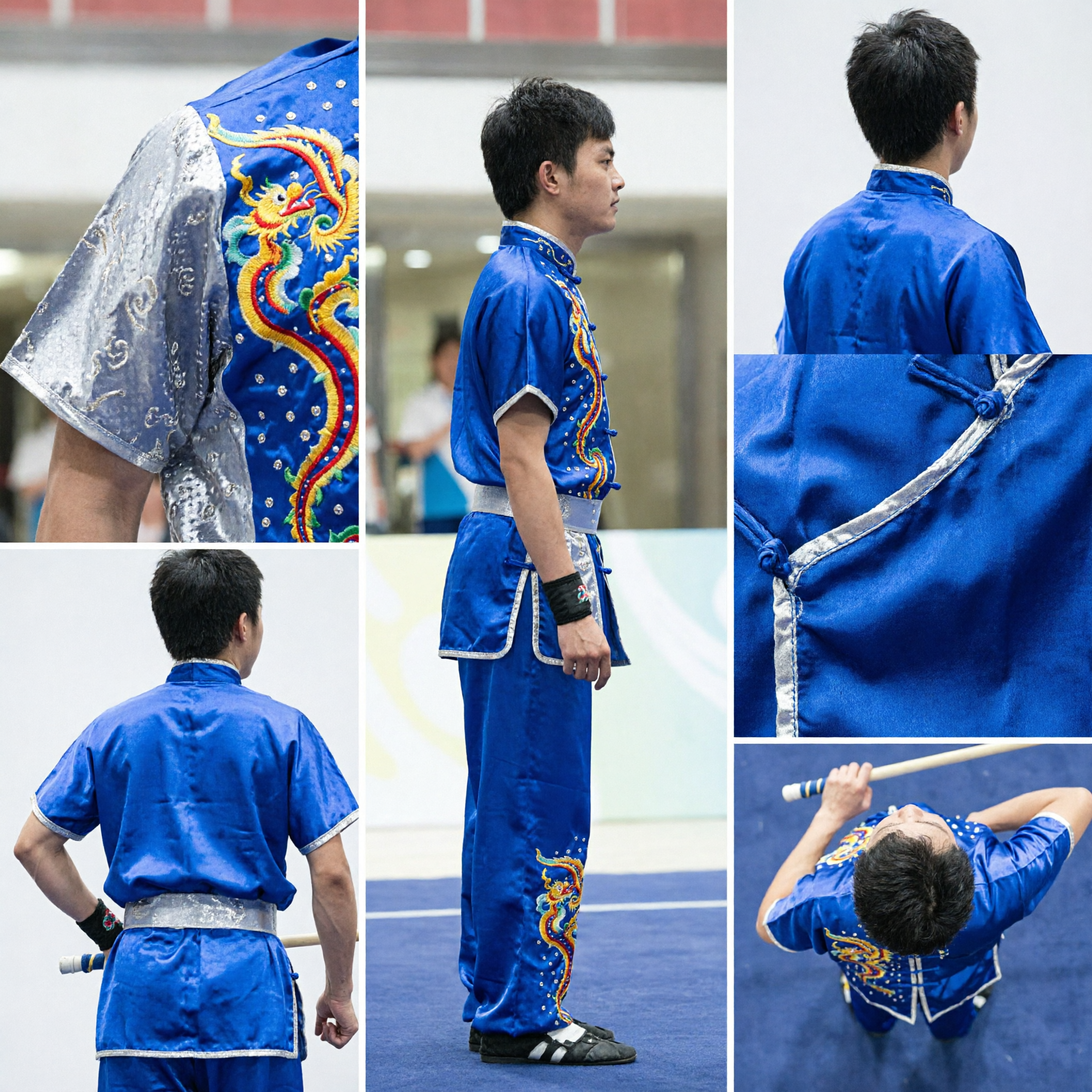 Men's Blue Dragon Embroidery Wushu Uniform Traditional Kung Fu Changquan Competition Performance Costume - Asian Costume