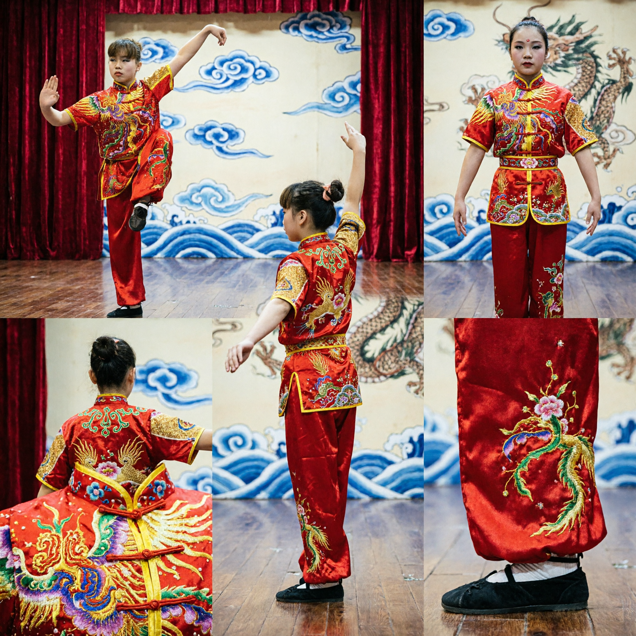 Traditional Red Dragon Embroidery Wushu Uniform Professional Kung Fu Competition Suit for Women Performance - Asian Costume