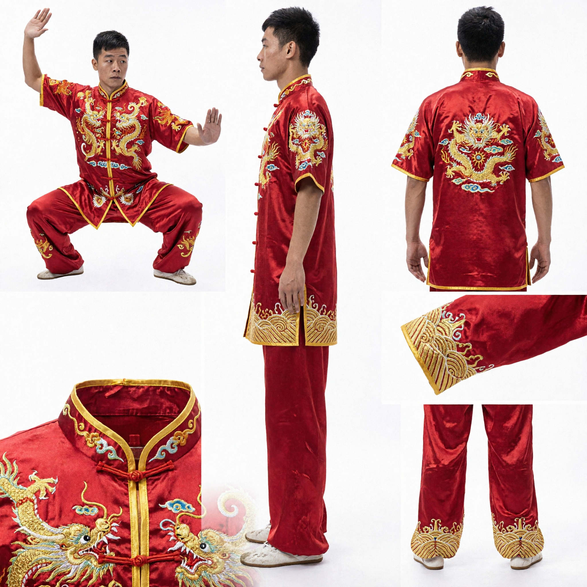 Men's Red Silk Traditional Chinese Kung Fu Uniform Wushu Martial Arts Costume Dragon Embroidery for Performance - Asian Costume