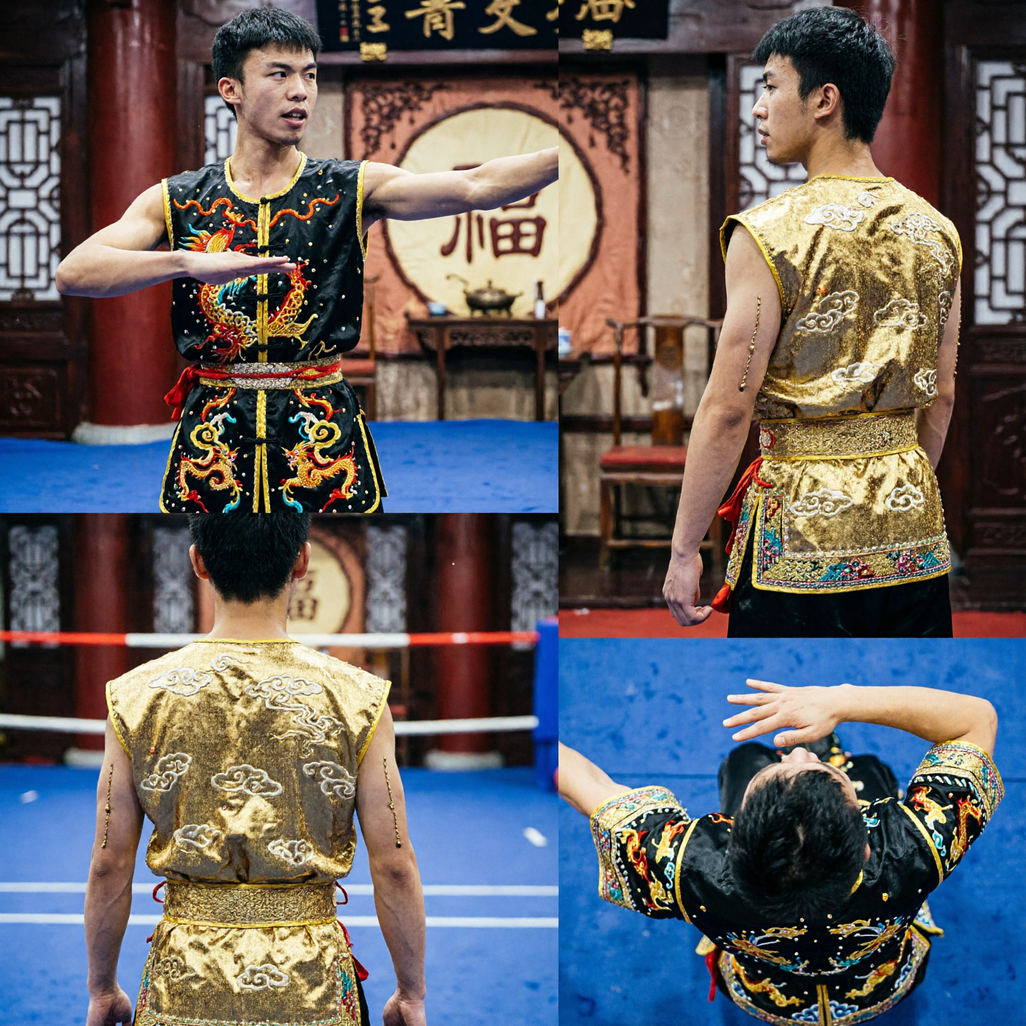 Men's Black Gold Embroidery Kung Fu Uniform Sleeveless Wushu Competition Costume for Traditional Martial Arts Performance - Asian Costume