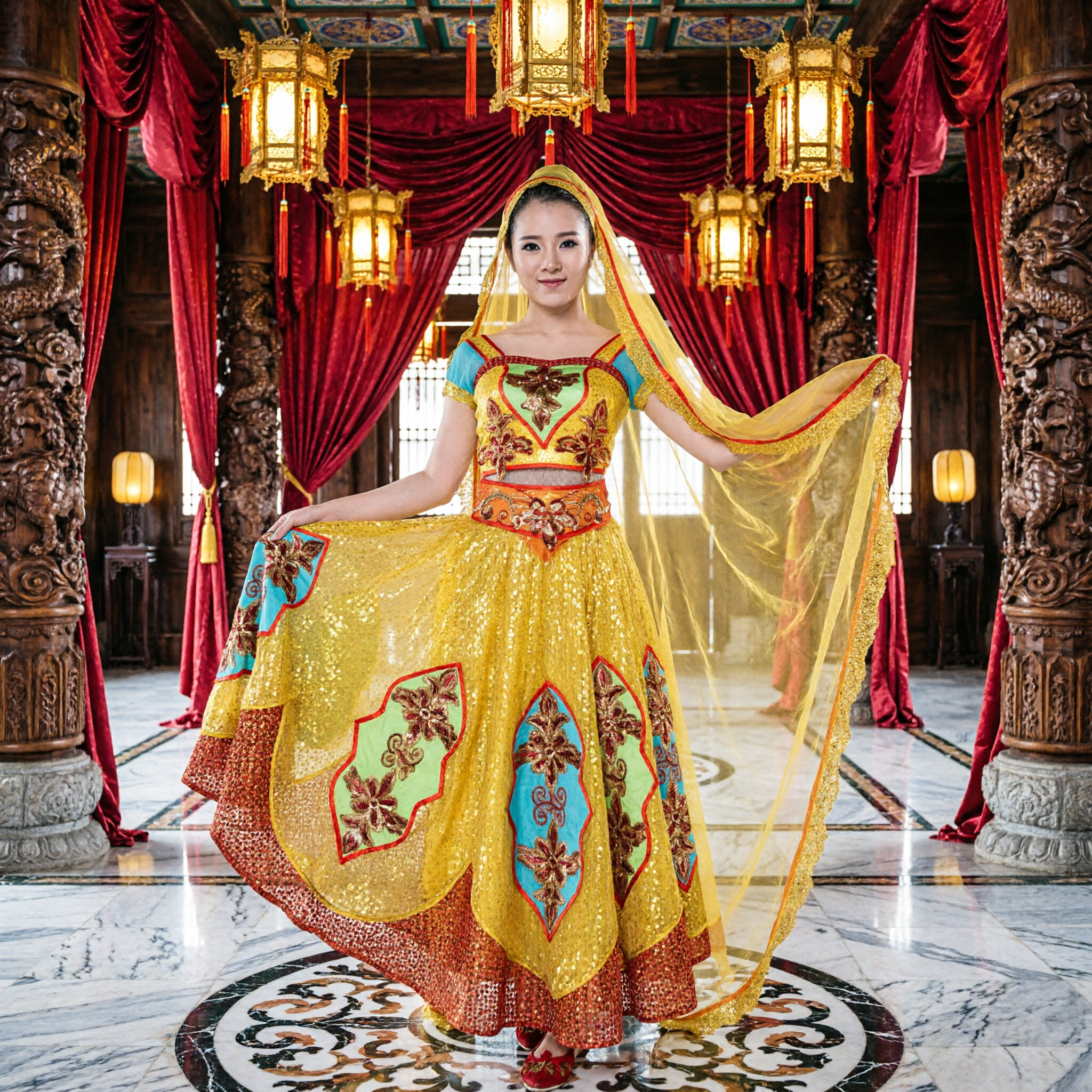 Chinese Traditional Uyghur Ethnic Dance Costume Yellow Sequin Embroidery Folk Dress for Women Performance - Asian Costume