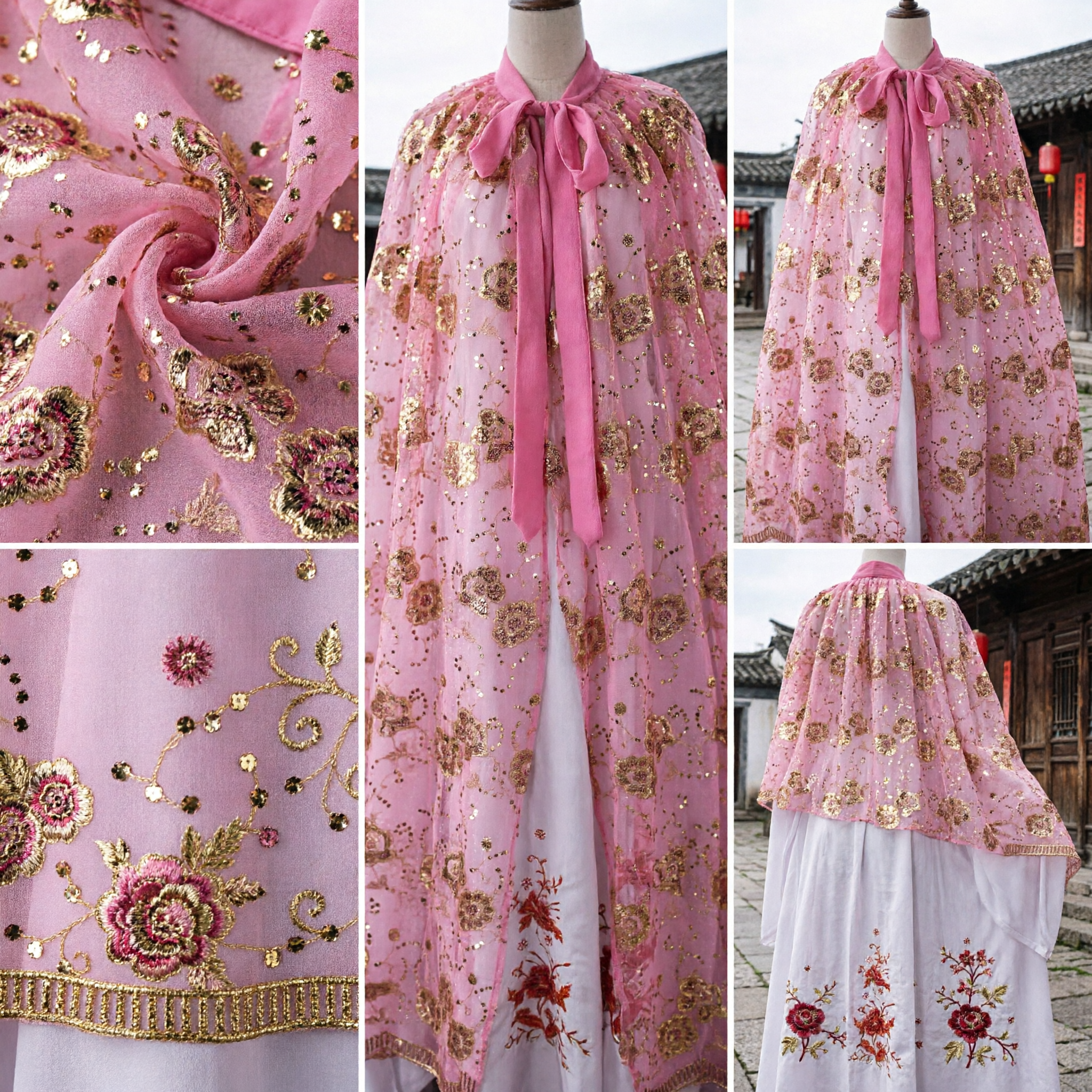 Women's Pink Ancient Chinese Hanfu Cape Cloak with Gold Sequin Floral Embroidery for Traditional Costume - Asian Costume