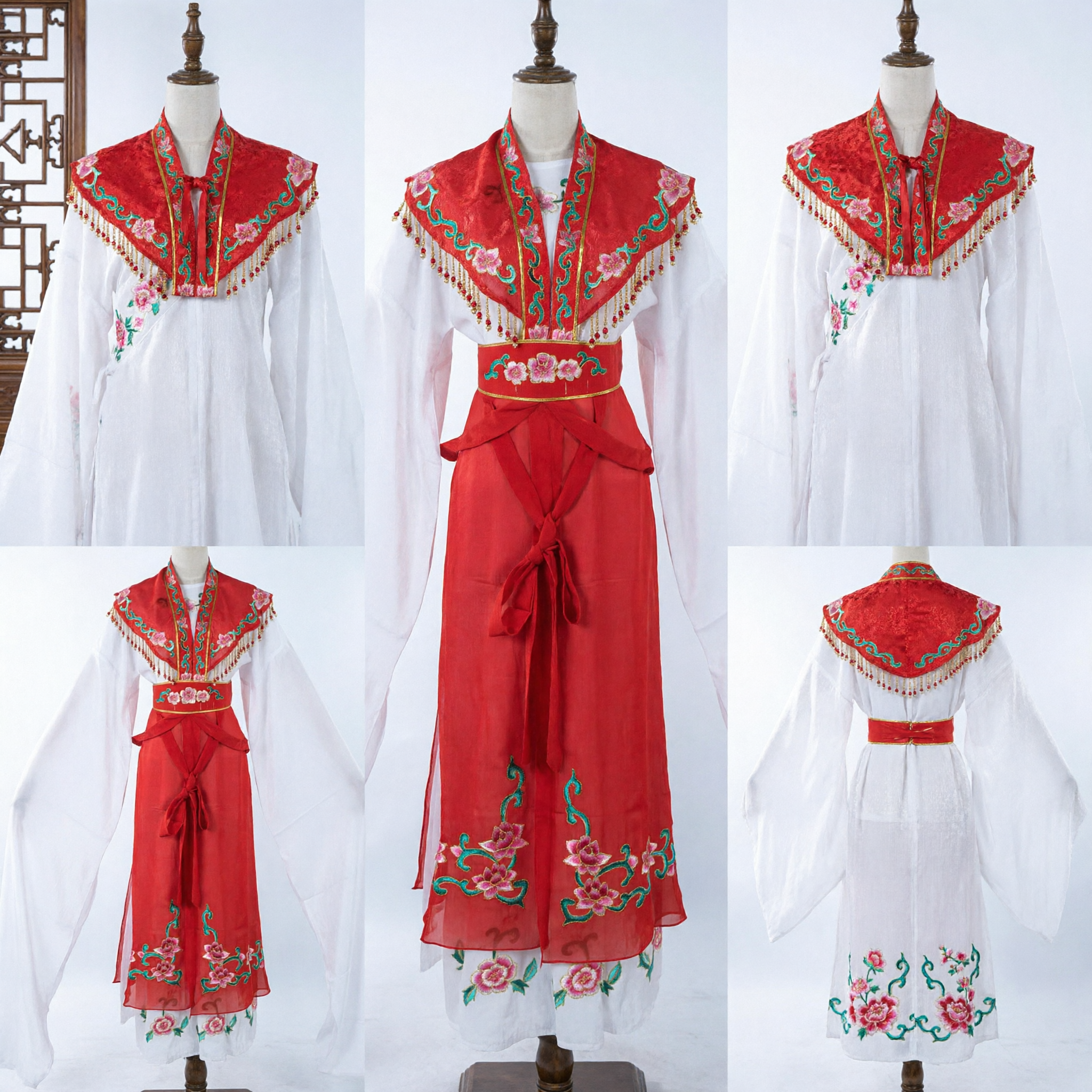 Traditional Chinese Hanfu Red Floral Embroidery Costume with Fringed Capelet for Women Stage Performance - Asian Costume
