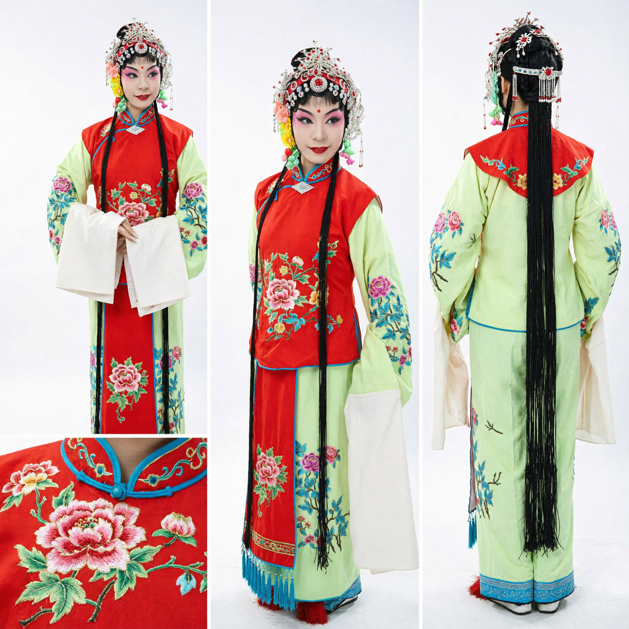 Traditional Chinese Peking Opera Female Costume Complete Set with Embroidered Red Vest and Green Trousers for Stage Performance - Asian Costume