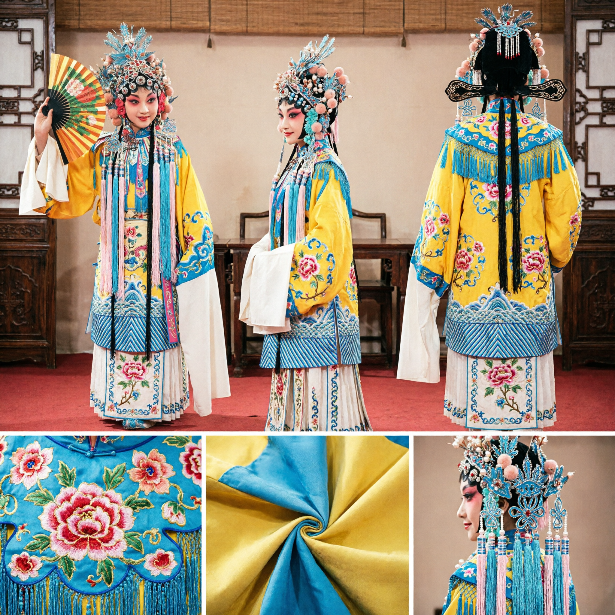 Traditional Chinese Peking Opera Costume Yellow Robe with Blue Headdress and Fan for Female Dan Role Performance - Asian Costume
