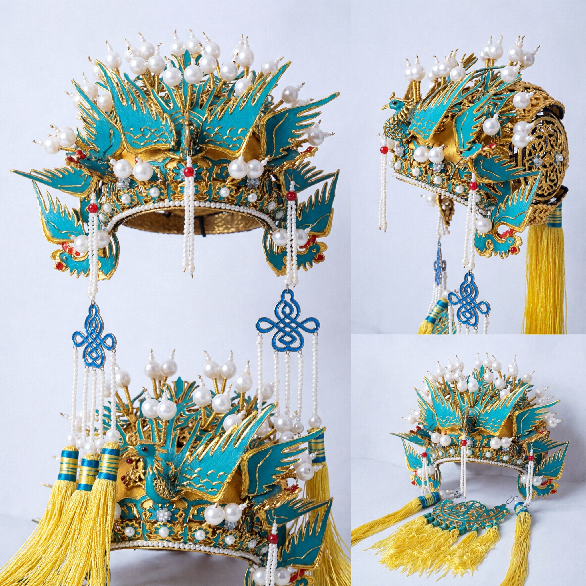 Traditional Chinese Phoenix Crown Hair Accessory Teal Blue Peking Opera Headdress with Pearls and Tassels for Hanfu Performance - Asian Costume