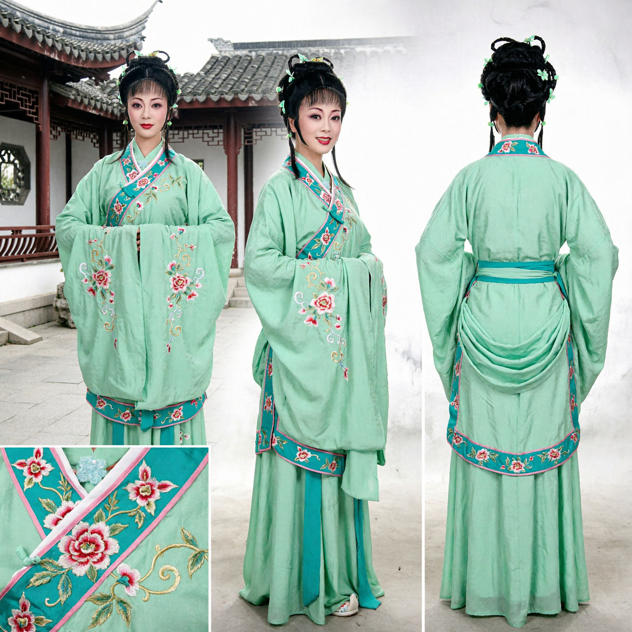 Traditional Chinese Green Opera Costume with Long Water Sleeves for Women Stage Performance Yue Opera Dress - Asian Costume