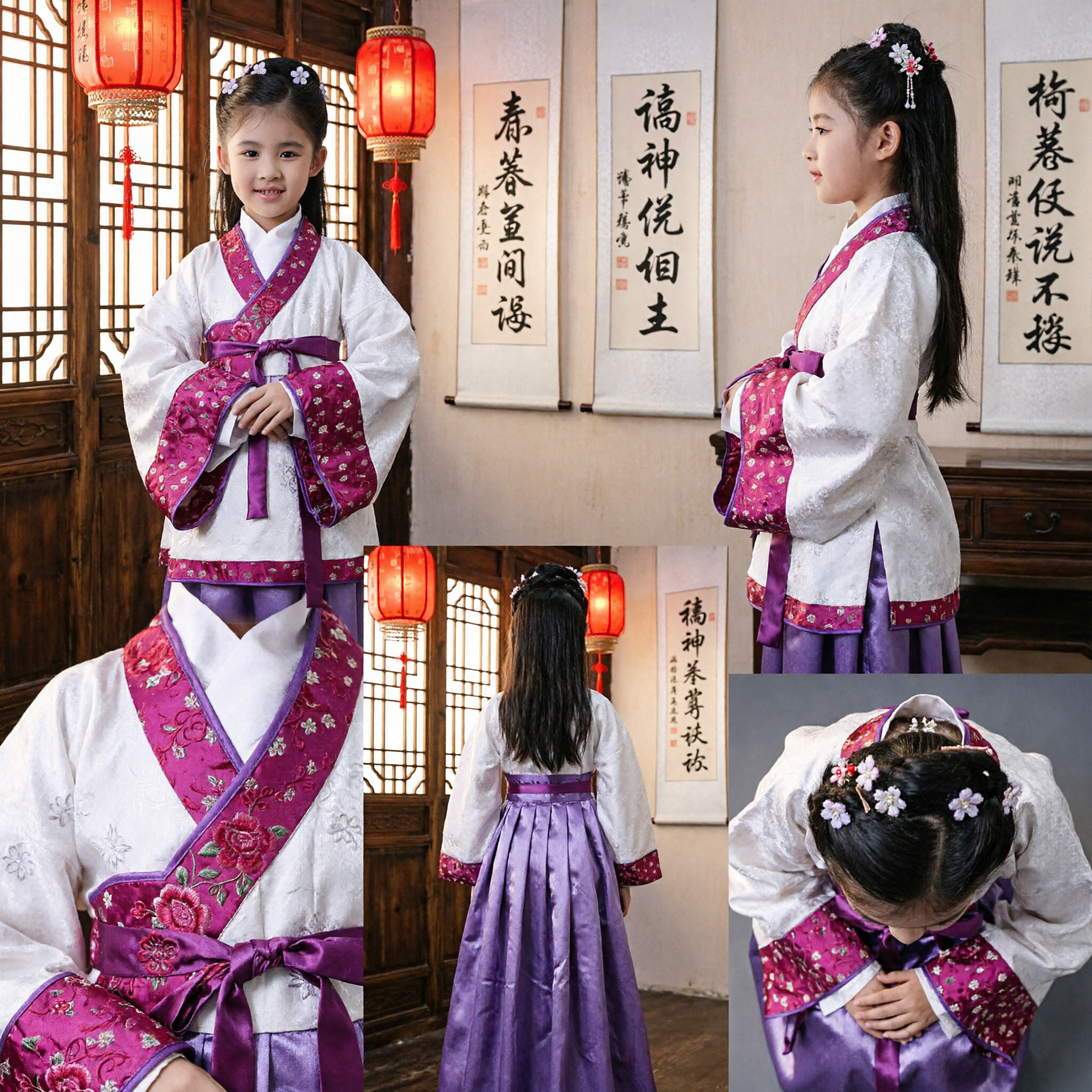 Girls Traditional Chinese Hanfu Costume White and Purple Ancient Palace Dress Kids Performance Outfit - Asian Costume