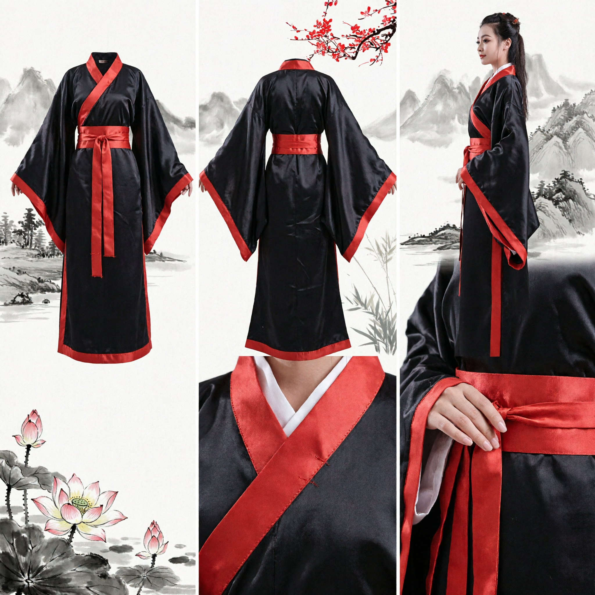 Traditional Chinese Hanfu Black Robe with Red Trim Ancient Style Costume for Women Performance and Cosplay - Asian Costume