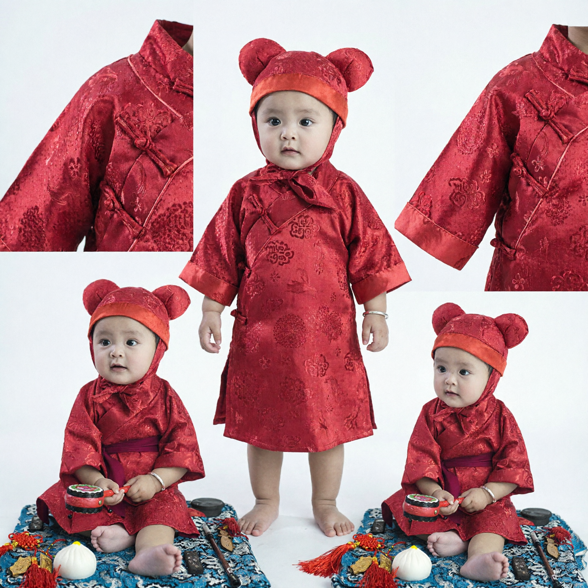 Traditional Chinese Baby Red Tang Suit Costume with Hat for New Year Spring Festival Photography - Asian Costume
