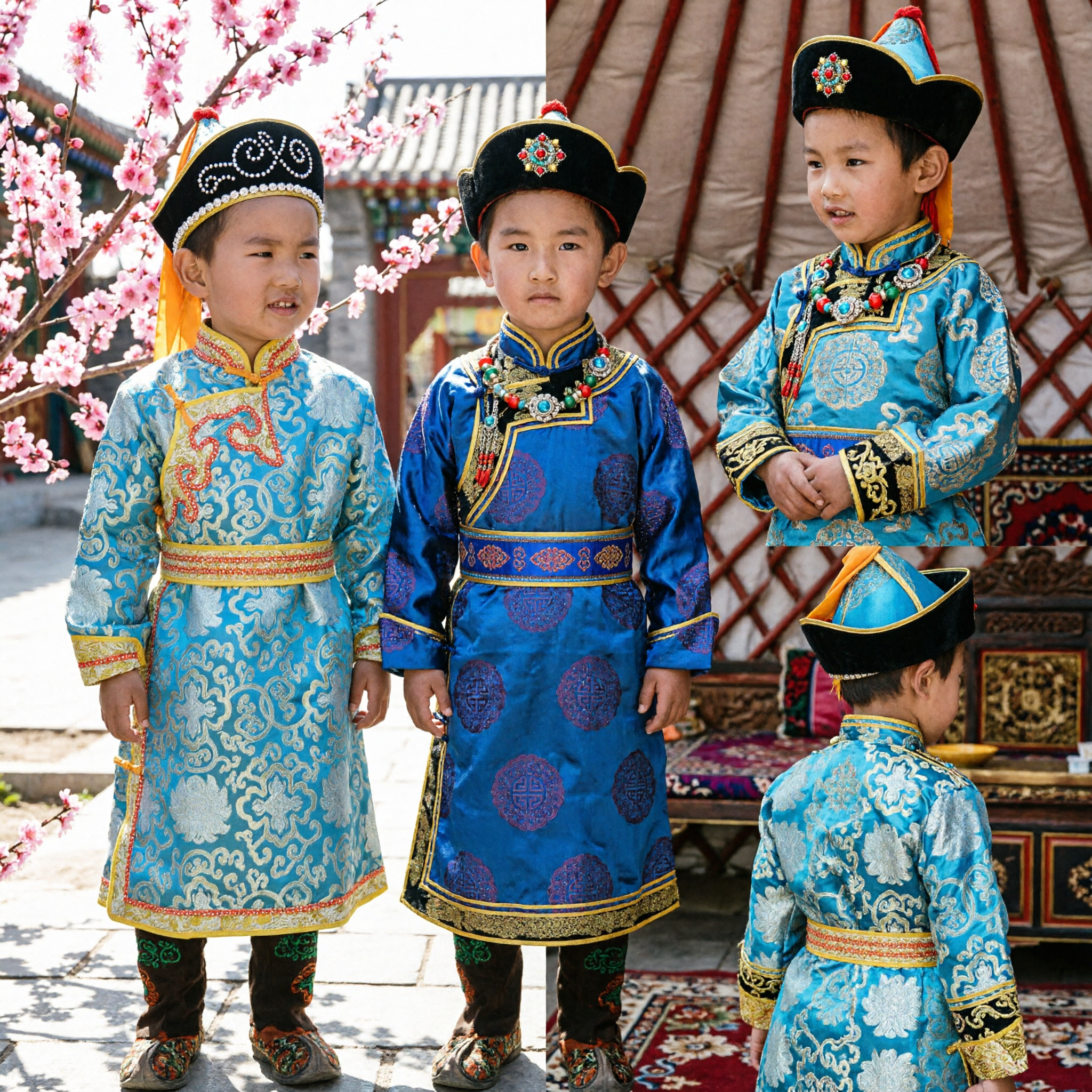 Boys Mongolian Traditional Blue Brocade Robe Costume with Hat for Dance Performance Festival - Asian Costume