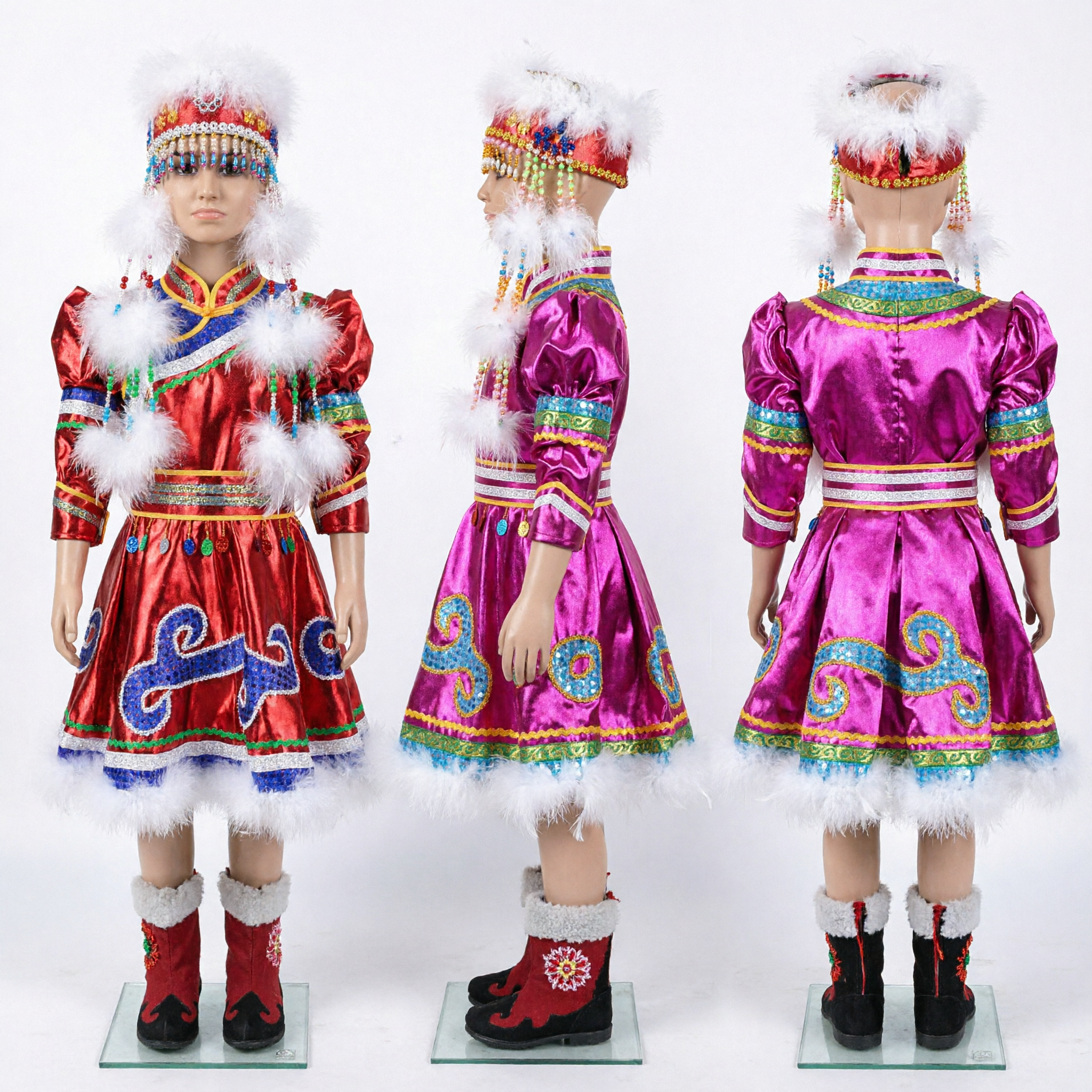 Traditional Chinese Mongolian Ethnic Dance Costume for Women Folk Performance Dress Complete Set with Hat and Boots - Asian Costume