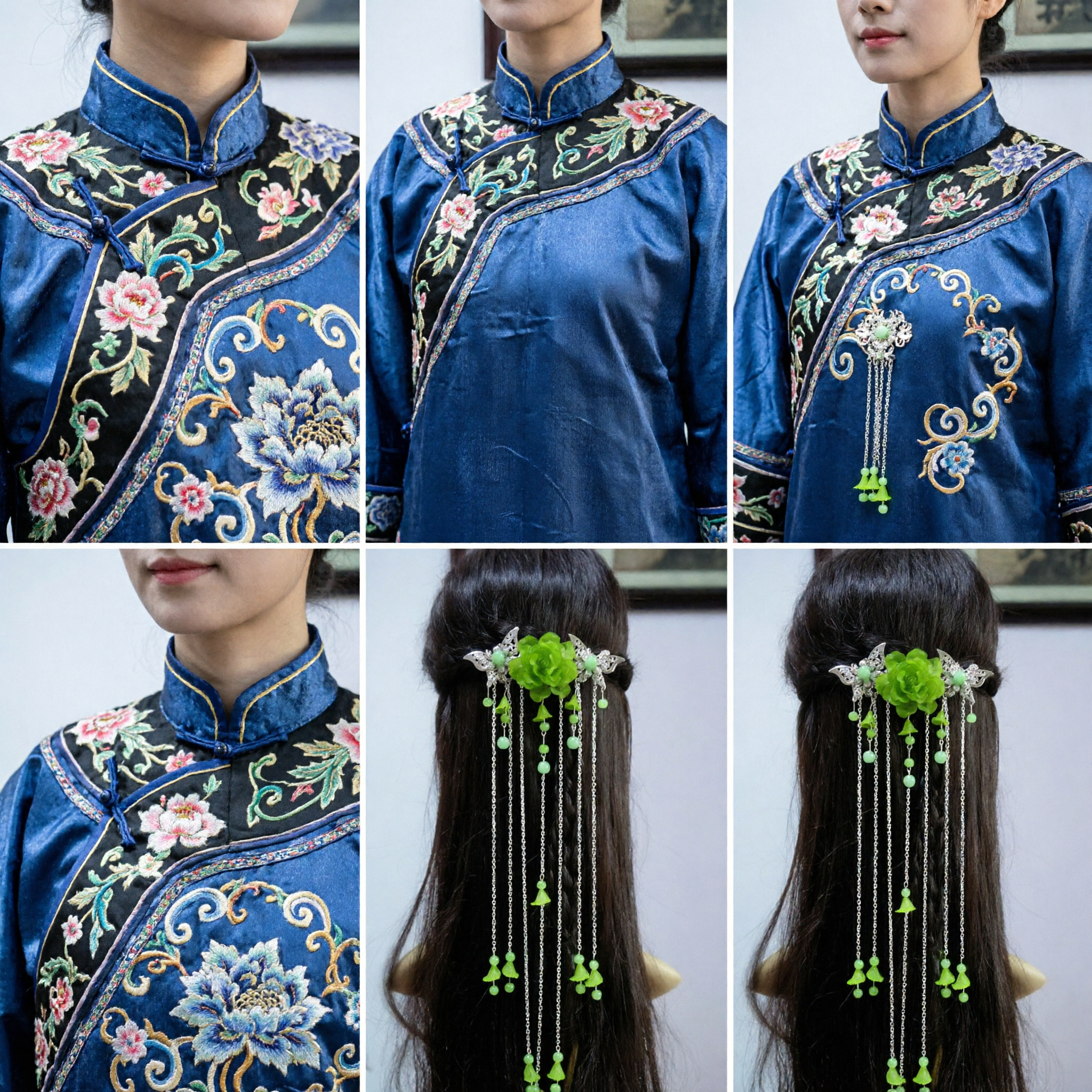 Traditional Chinese Hanfu Hairpin Green Flower Hair Clasp with Long Tassel Chains Ancient Costume Hair Jewelry for Women - Asian Costume