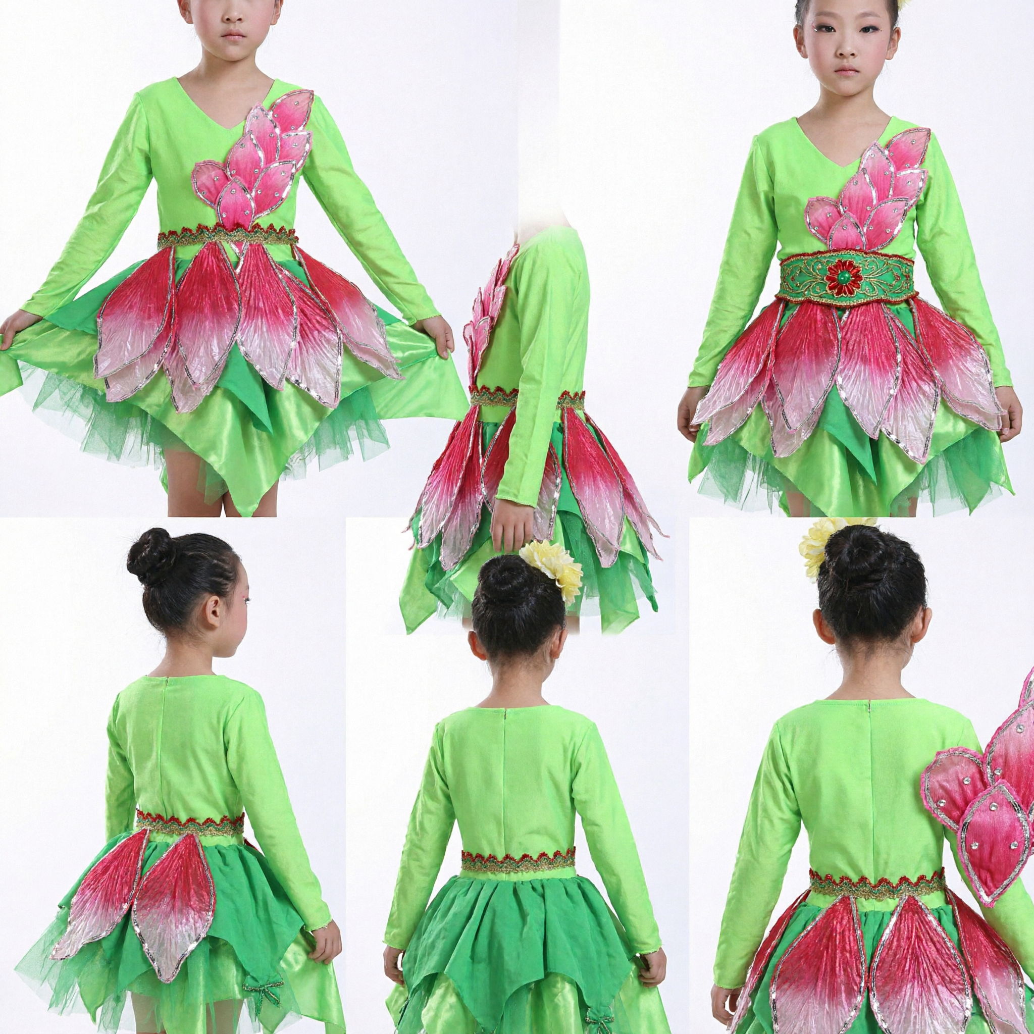Girls Green Lotus Flower Dance Costume Kids Traditional Chinese Folk Performance Stage Outfit with Pink Petal Skirt - Asian Costume